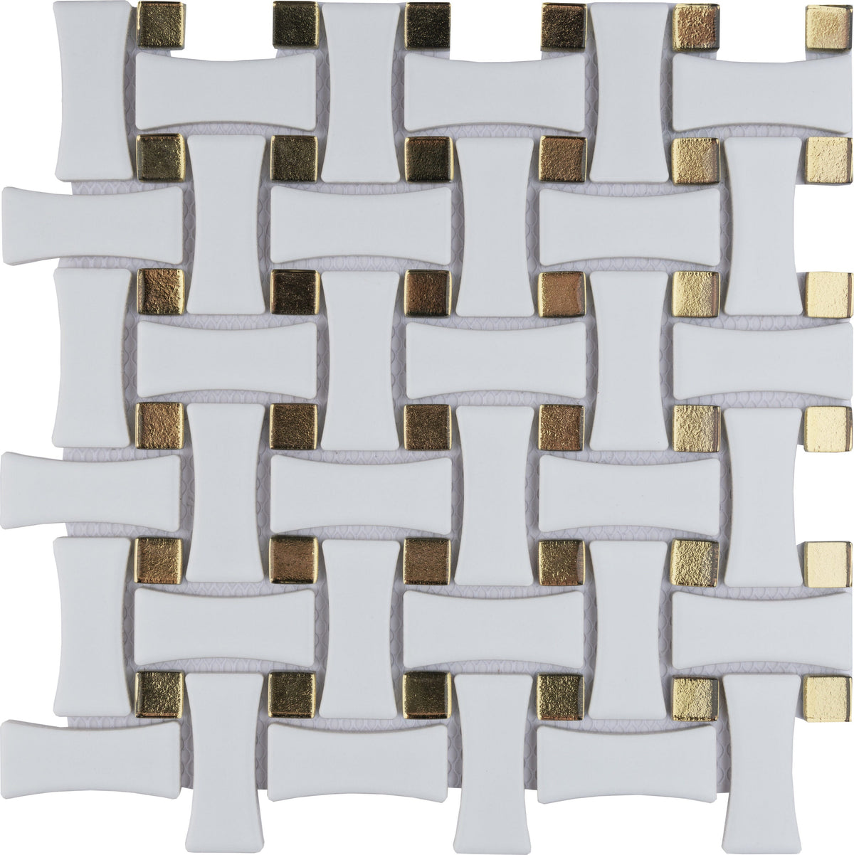 Affinity Tile Metro Dog Bone Basketweave Matte White with Glass Gold Dot 10-in x 10-in Multi-finish Porcelain Mosaic Wall Tile product image