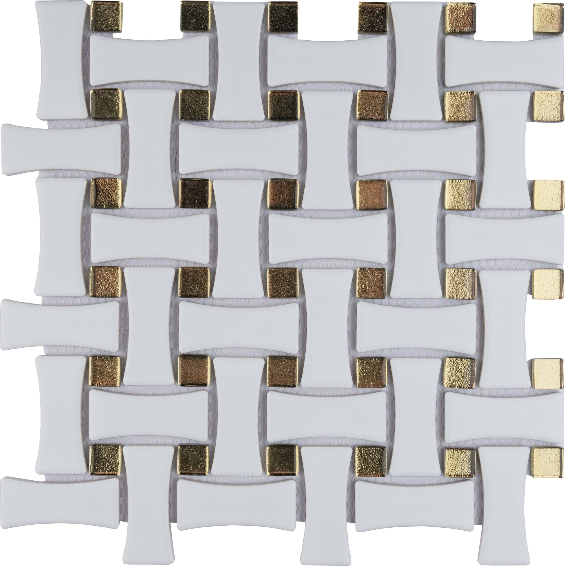 Affinity Tile Metro Dog Bone Basketweave Matte White with Glass Gold Dot 10-in x 10-in Multi-finish Porcelain Mosaic Wall Tile product image
