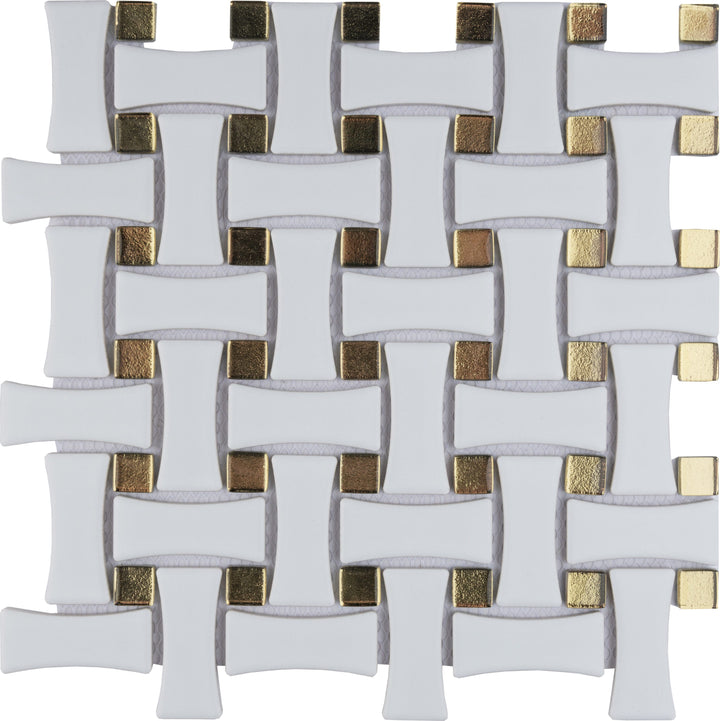 Affinity Tile Metro Dog Bone Basketweave Matte White with Glass Gold Dot 10-in x 10-in Multi-finish Porcelain Mosaic Wall Tile product image