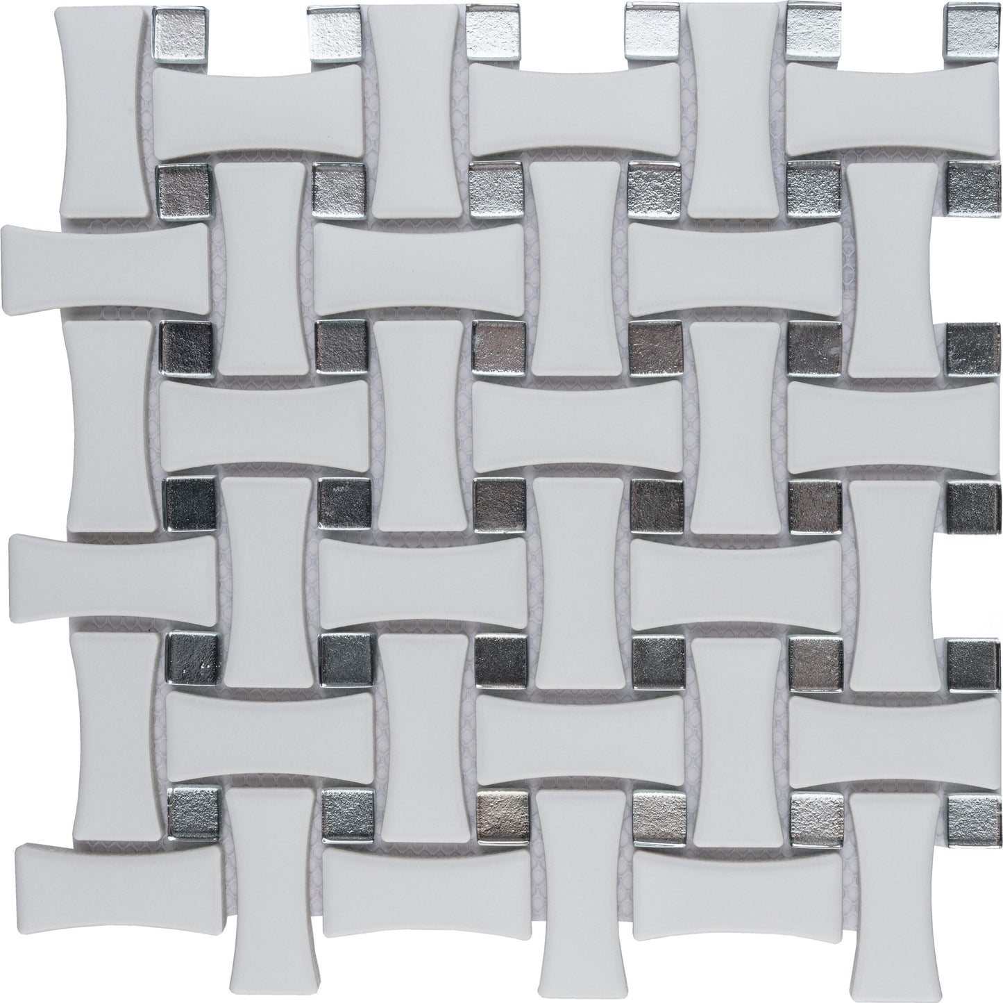 Affinity Tile Metro Dog Bone Basketweave Matte White with Glass Silver Dot 10-in x 10-in Multi-finish Porcelain Mosaic Wall Tile product image
