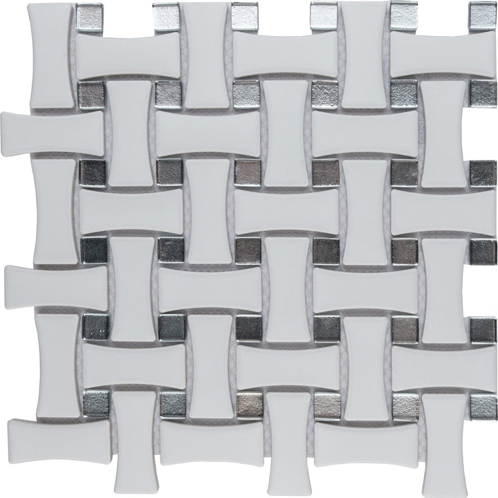 Affinity Tile Metro Dog Bone Basketweave Matte White with Glass Silver Dot 10-in x 10-in Multi-finish Porcelain Mosaic Wall Tile product image