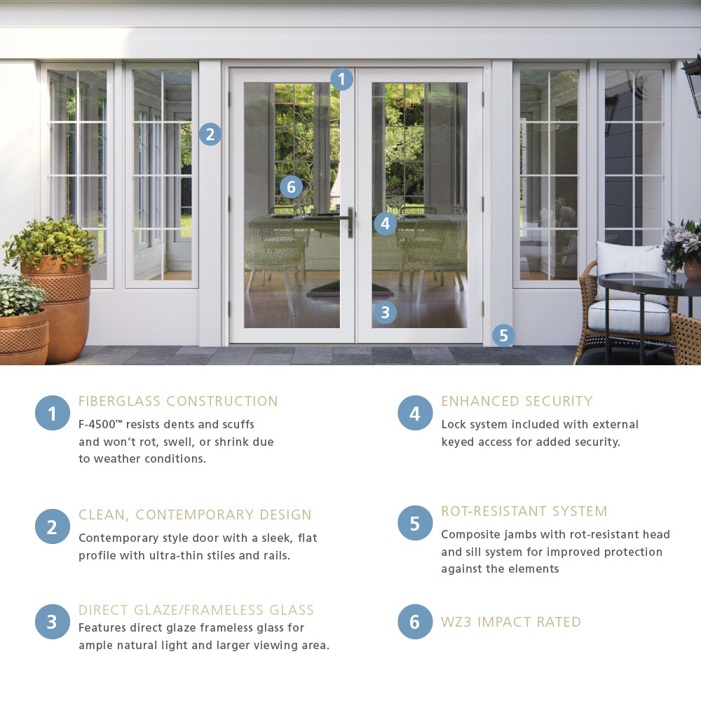 JELD-WEN 60-in x 80-in Fiberglass French, Left-hand outswing – feature callout