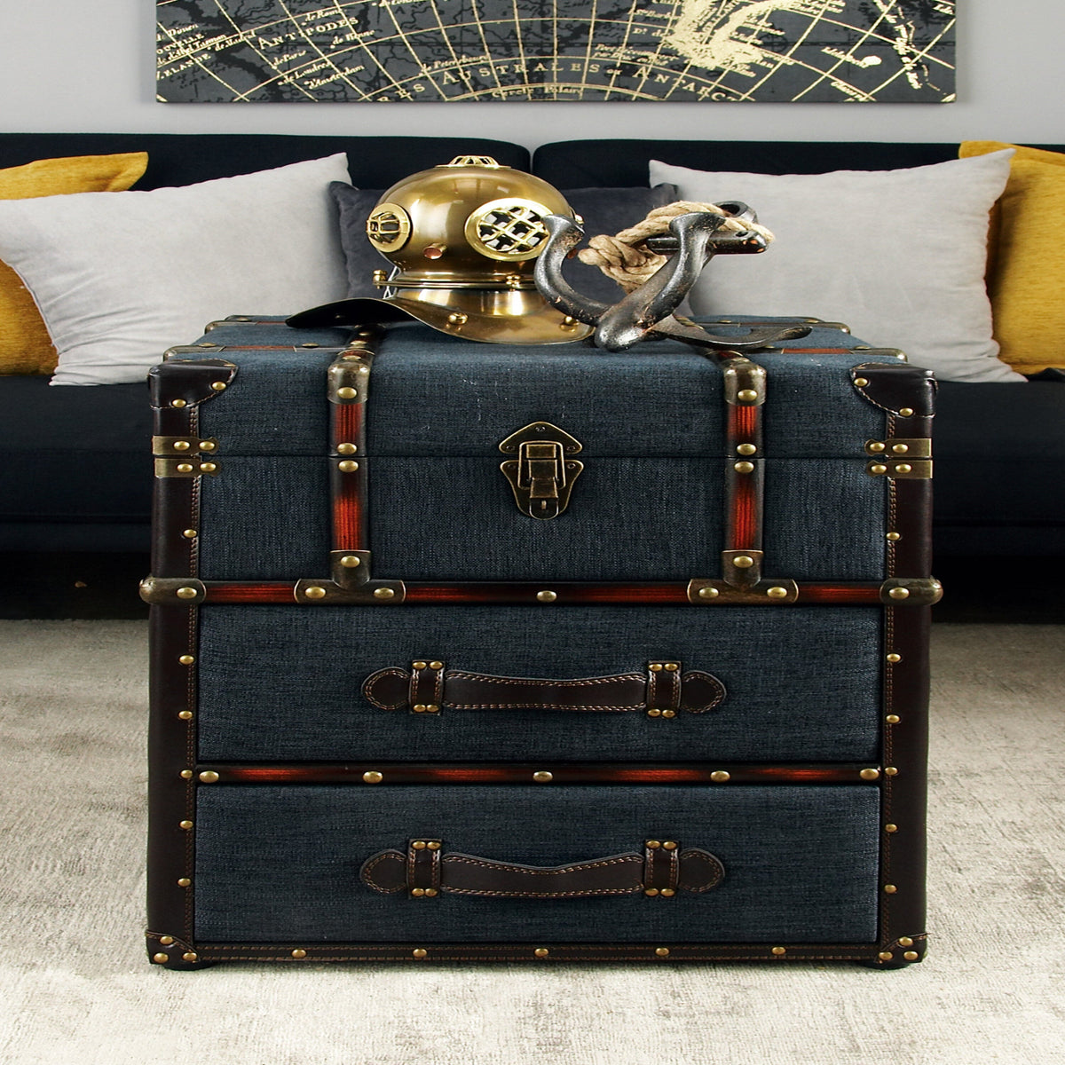 Grayson Lane Blue Upholstered 2 Drawer with Buckle Hinged Top 2-Drawer Accent Chest