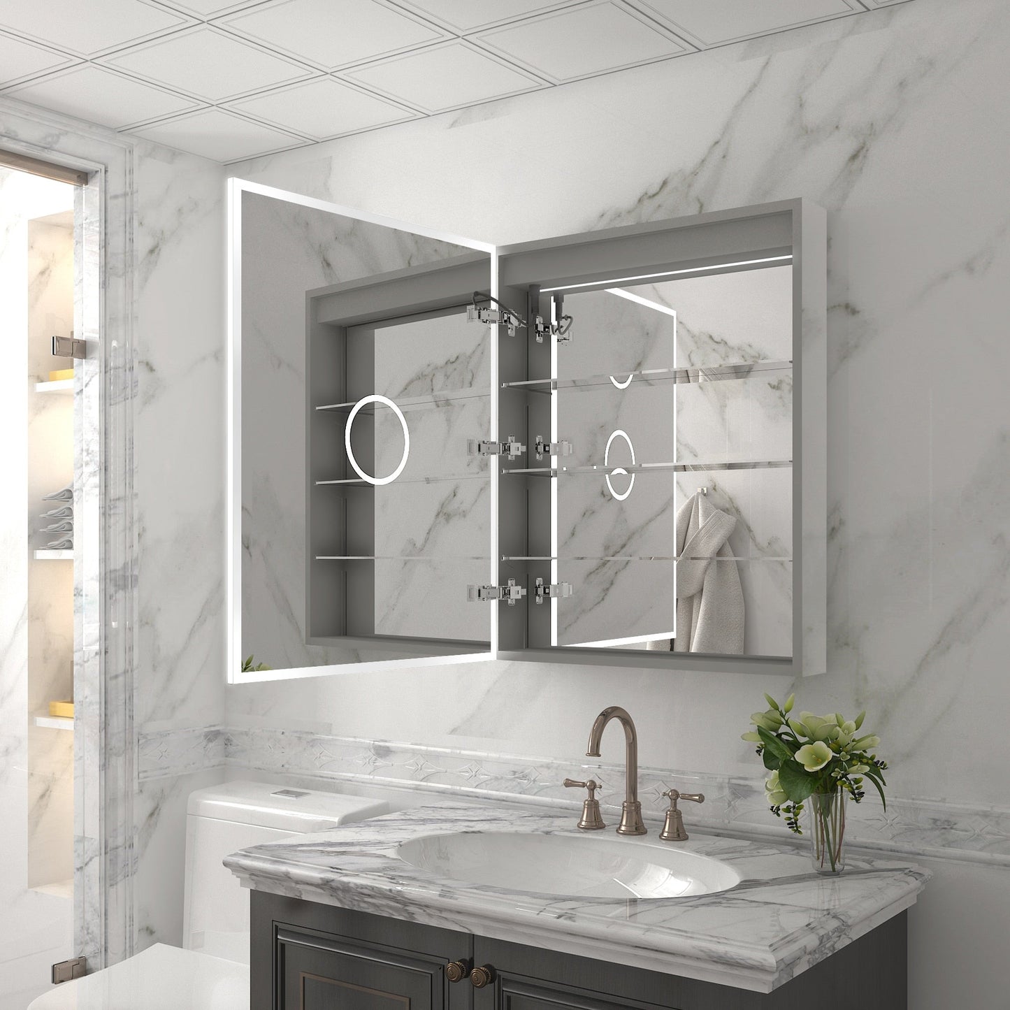 Forclover ST Modern 24-in x 30-in Lighted LED Fog Free Surface/Recessed Mount Sliver Mirrored Soft Close Medicine Cabinet with Outlet