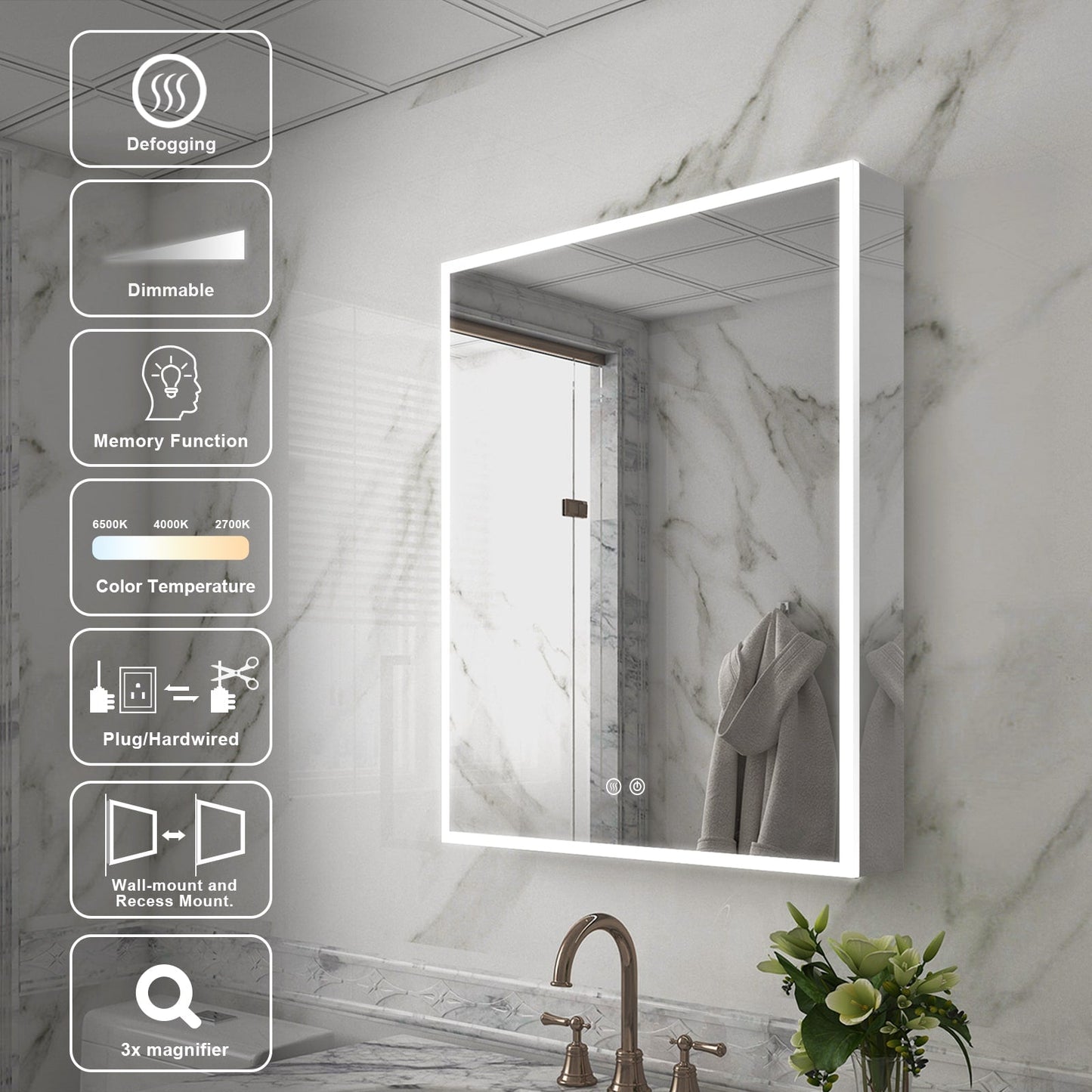 Forclover ST Modern 24-in x 30-in Lighted LED Fog Free Surface/Recessed Mount Sliver Mirrored Soft Close Medicine Cabinet with Outlet