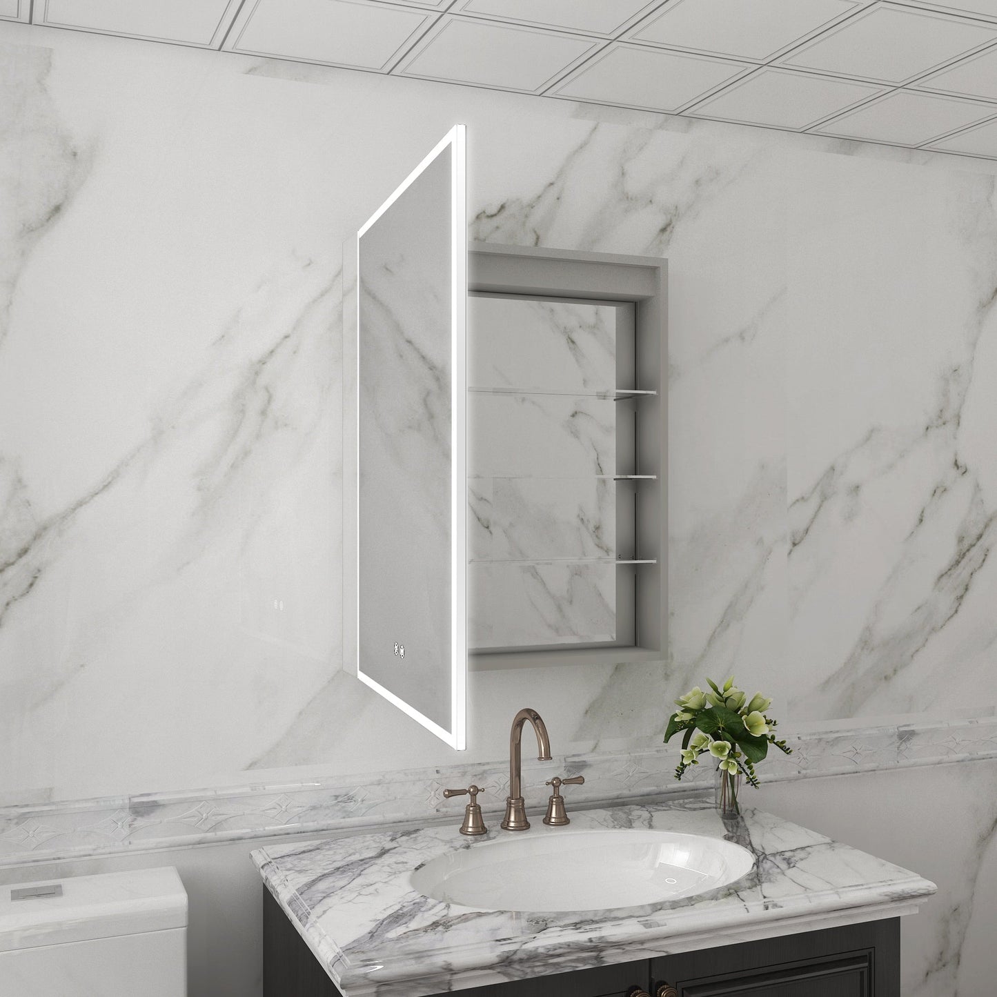 Forclover ST Modern 24-in x 30-in Lighted LED Fog Free Surface/Recessed Mount Sliver Mirrored Soft Close Medicine Cabinet with Outlet