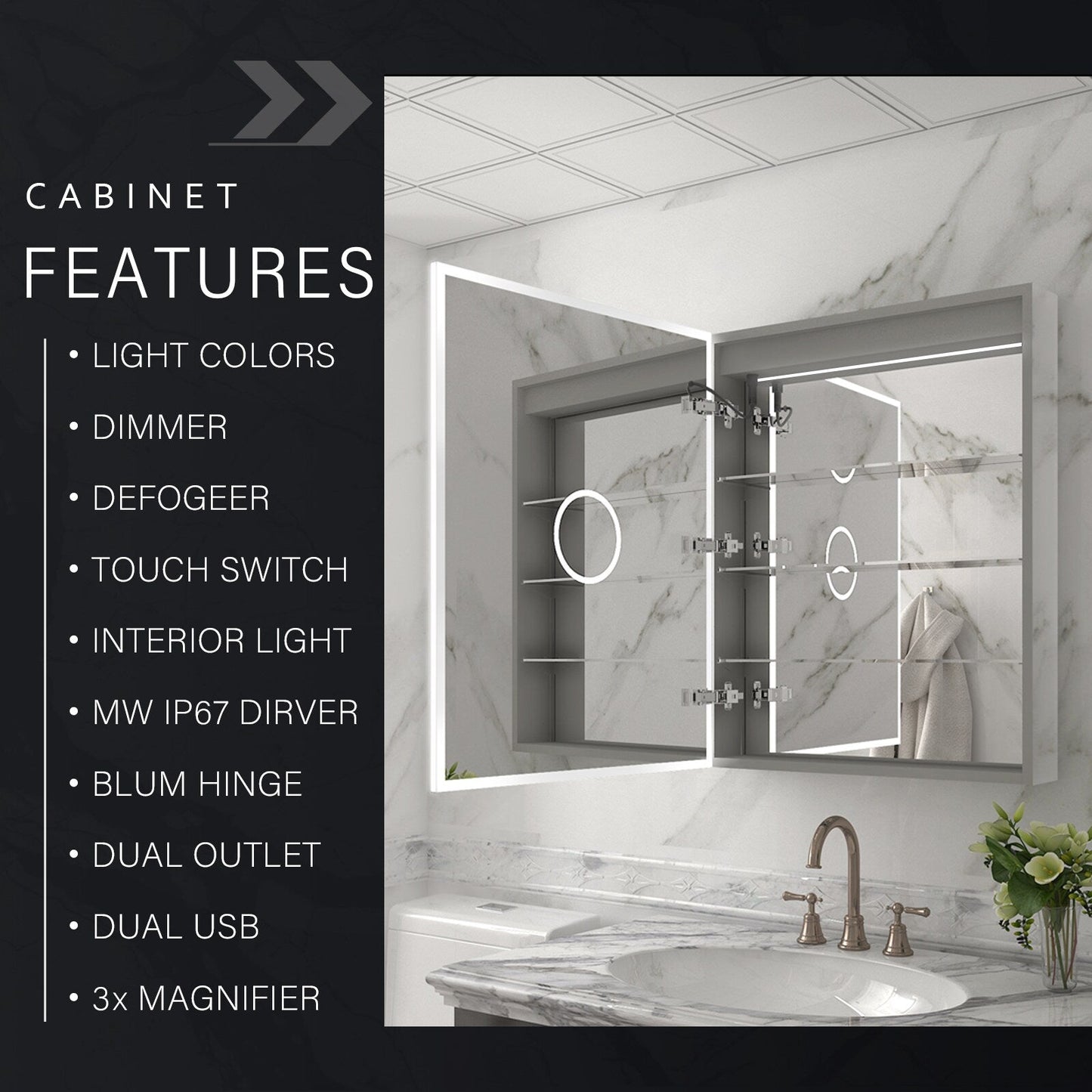 Forclover ST Modern 24-in x 30-in Lighted LED Fog Free Surface/Recessed Mount Sliver Mirrored Soft Close Medicine Cabinet with Outlet