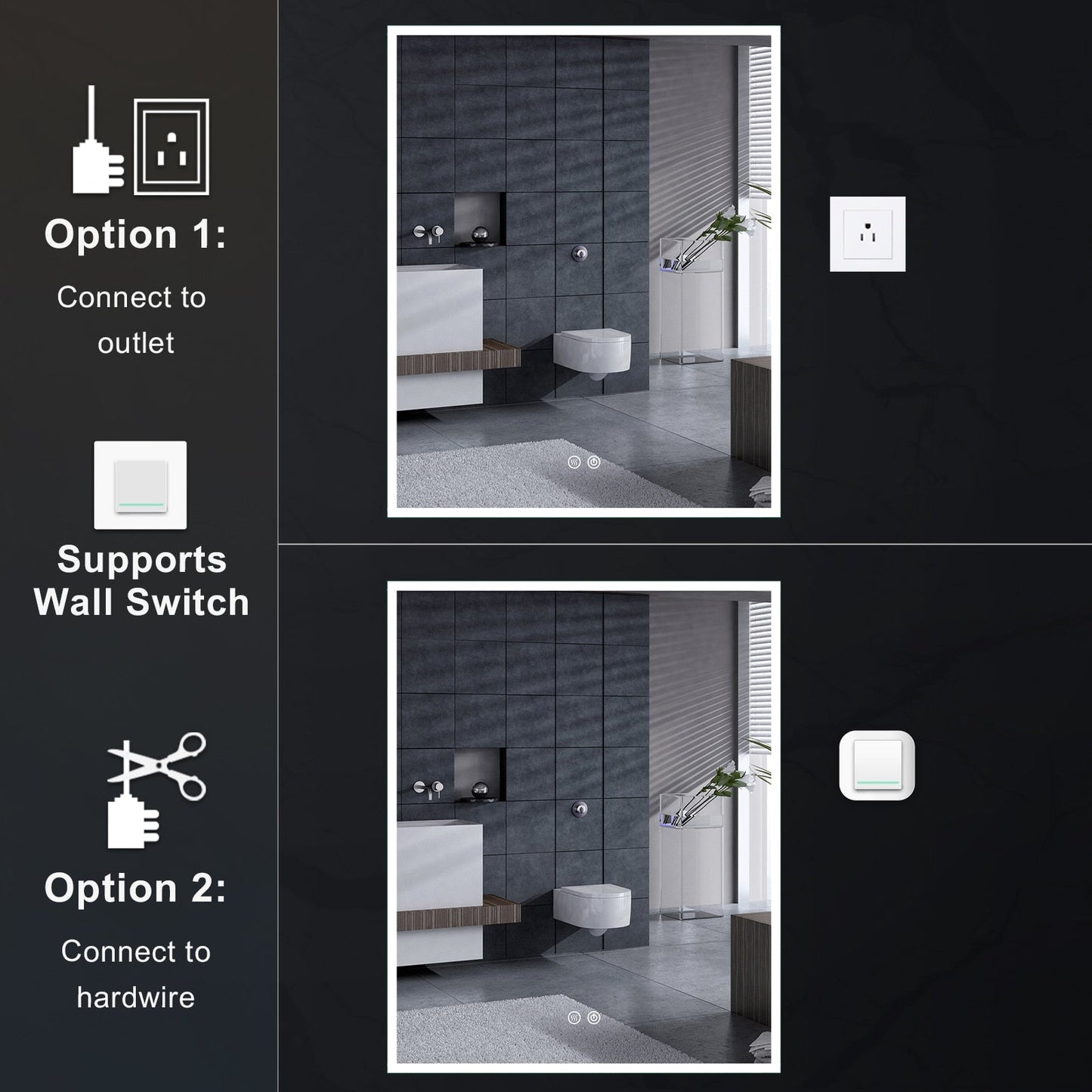 Forclover ST Modern 24-in x 30-in Lighted LED Fog Free Surface/Recessed Mount Sliver Mirrored Soft Close Medicine Cabinet with Outlet
