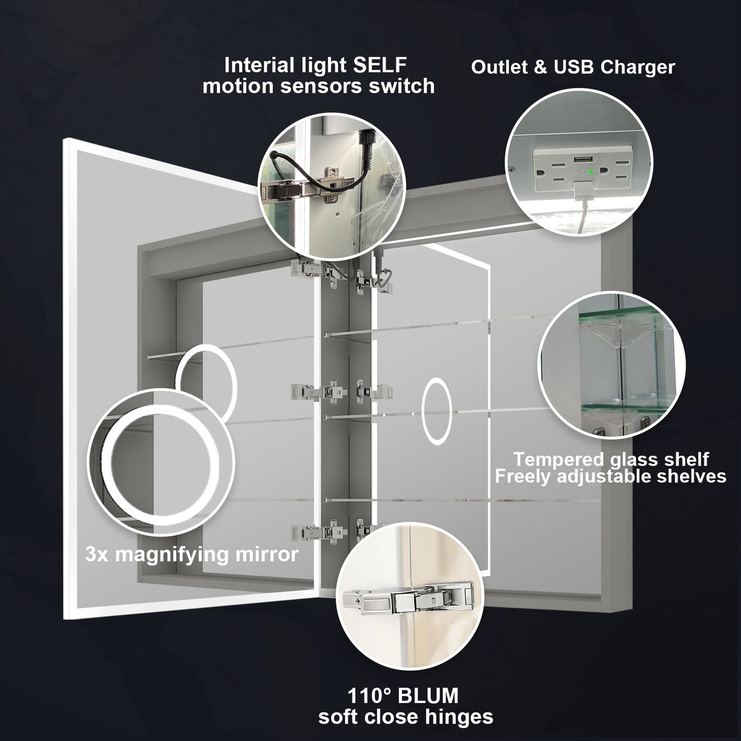 Forclover ST Modern 24-in x 30-in Lighted LED Fog Free Surface/Recessed Mount Sliver Mirrored Soft Close Medicine Cabinet with Outlet