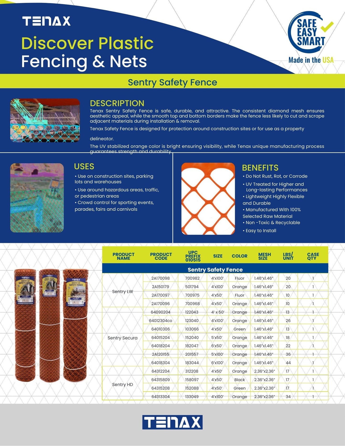 Tenax Sentry HD Heavy-Duty Orange Snow Fence - 4.0ft x 100ft - UV Treated, Made in USA