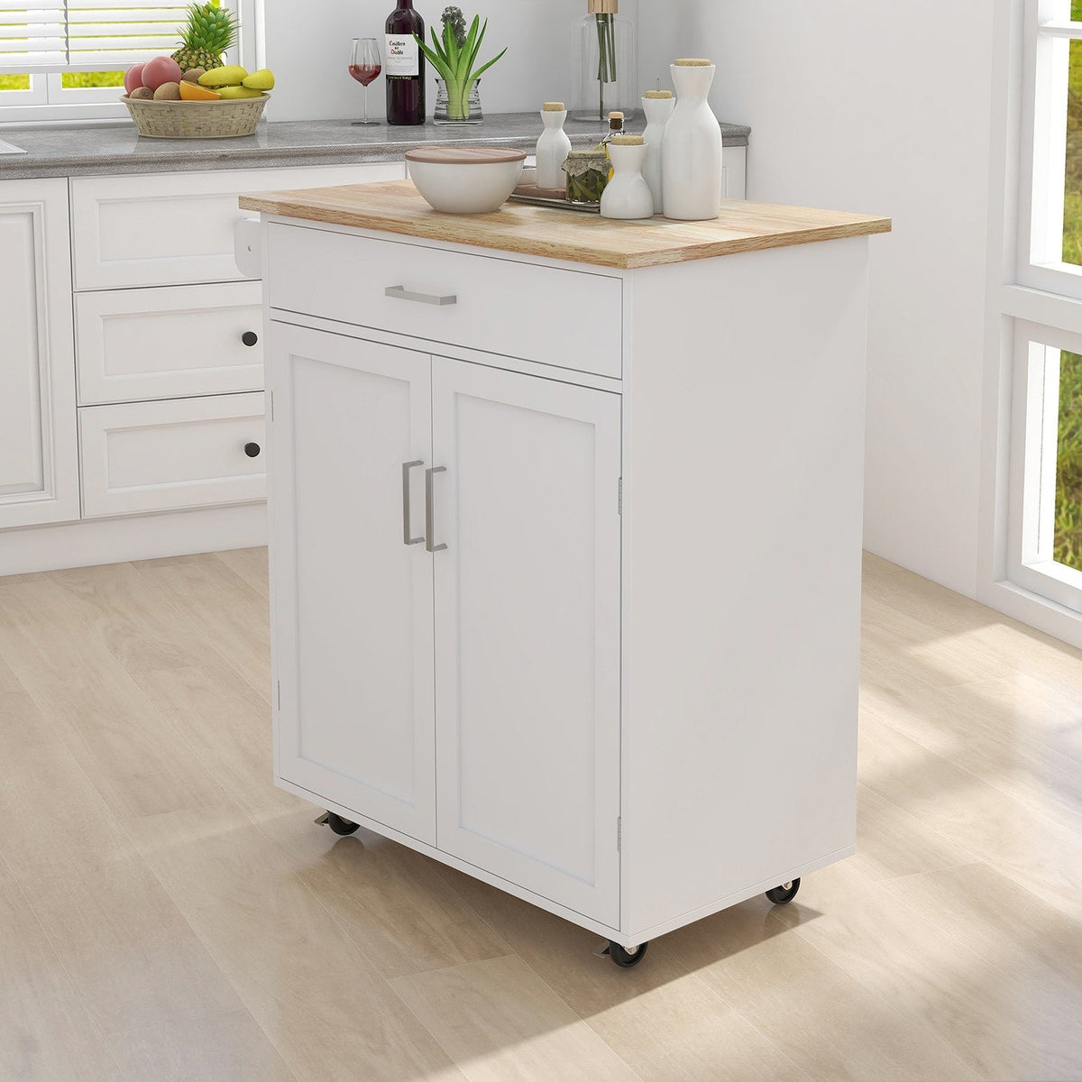 Bybafun White Mdf Base with Mdf Wood Top Rolling Kitchen Cart (17.7-in x 32.9-in x 36-in)