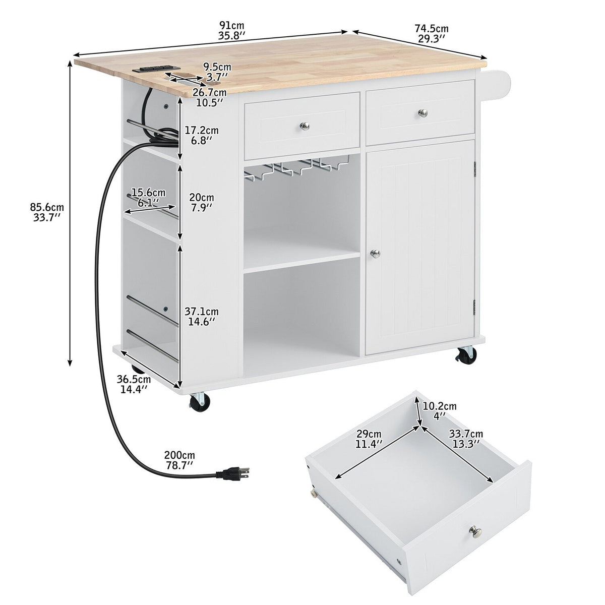 Bybafun White Mdf Base with Wood Top Rolling Kitchen Cart (29.3-in x 39.8-in x 33.7-in)
