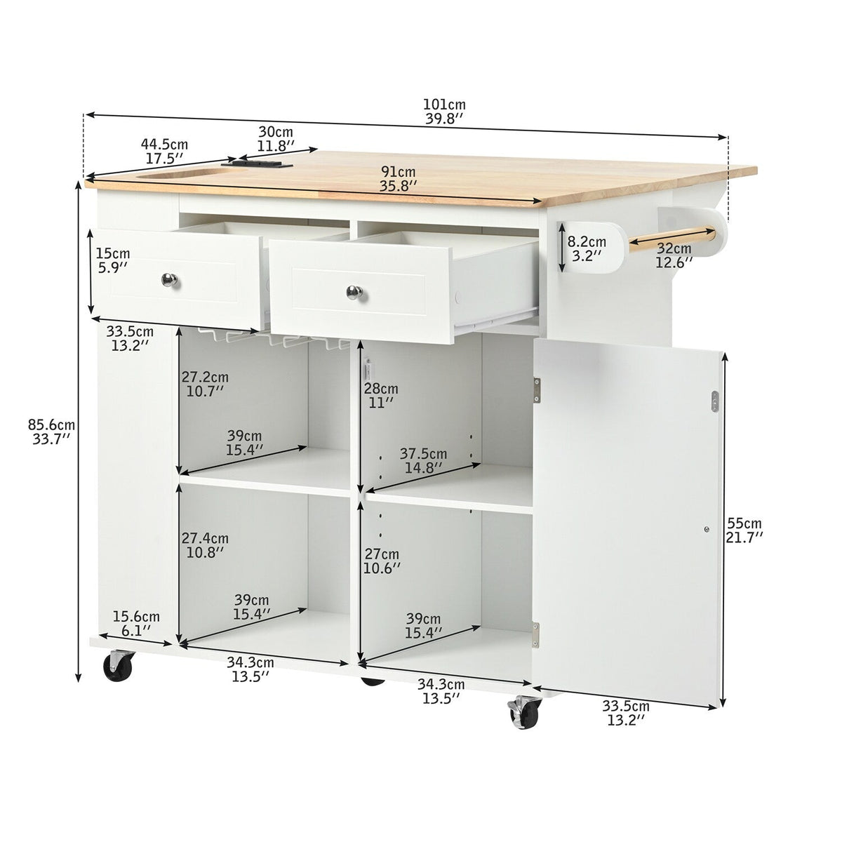 Bybafun White Mdf Base with Wood Top Rolling Kitchen Cart (29.3-in x 39.8-in x 33.7-in)