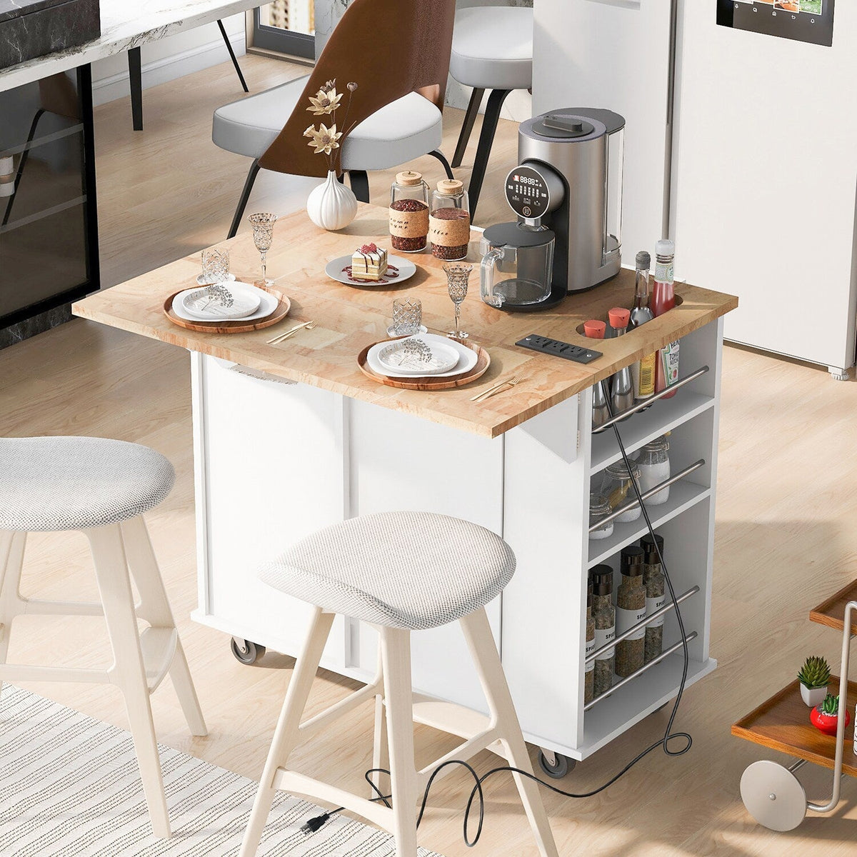 Bybafun White Mdf Base with Wood Top Rolling Kitchen Cart (29.3-in x 39.8-in x 33.7-in)