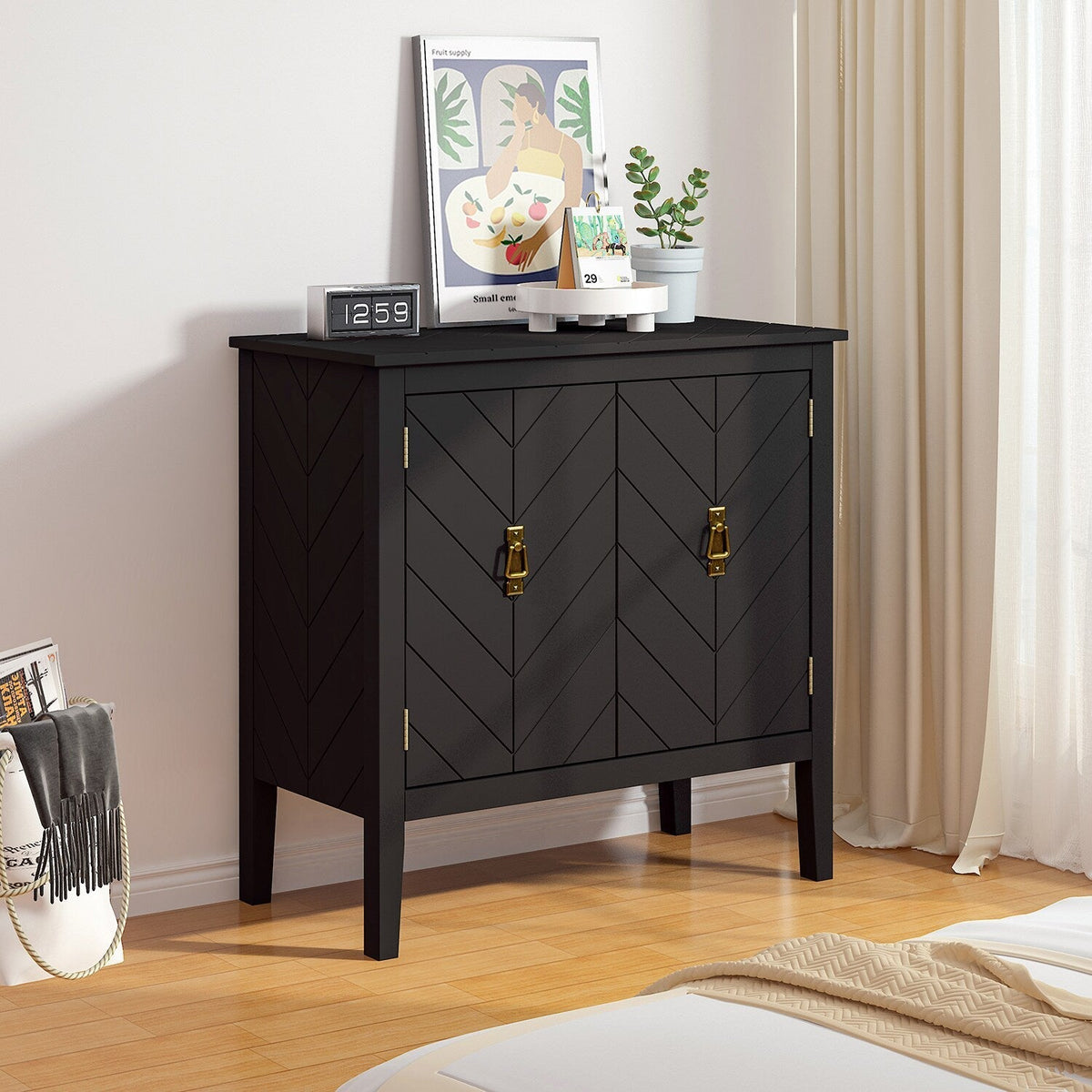 Bybafun Vintage Style Black Wood Storage Cabinet with Adjustable Shelves and Antique Brass Handle