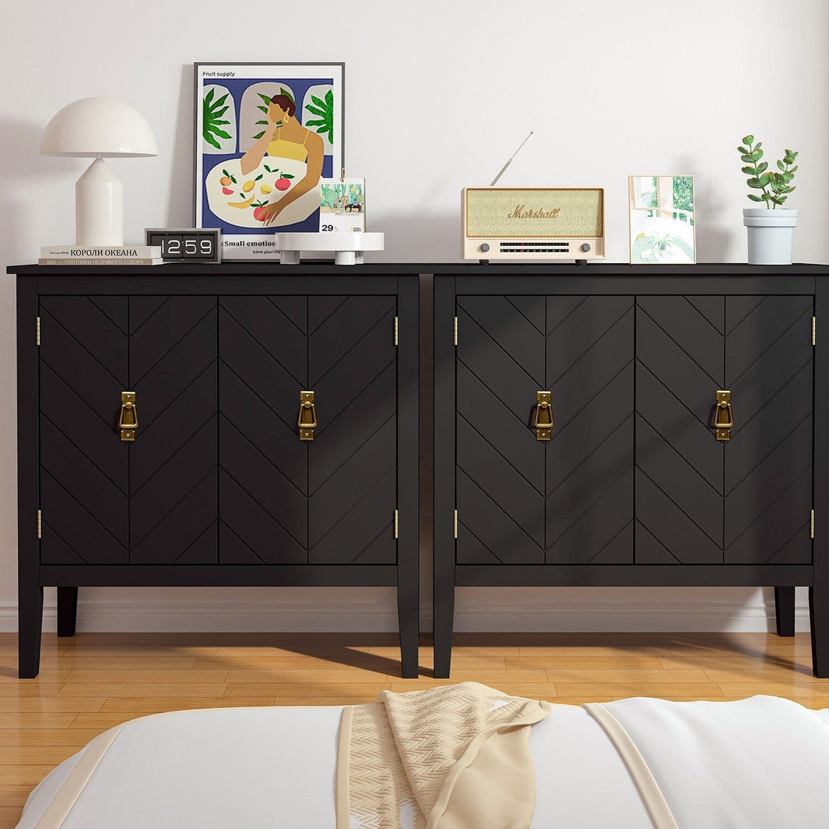Bybafun Vintage Style Black Wood Storage Cabinet with Adjustable Shelves and Antique Brass Handle