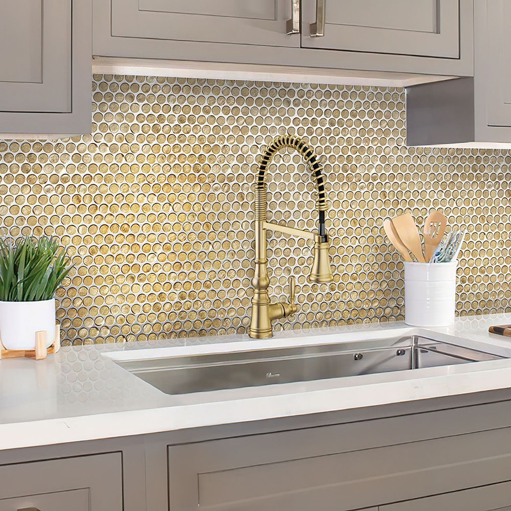 Apollo Tile Gold 12-in x 12-in Glossy Glass Penny Round Stone Look Wall Tile (10.34-sq. ft/ Carton)