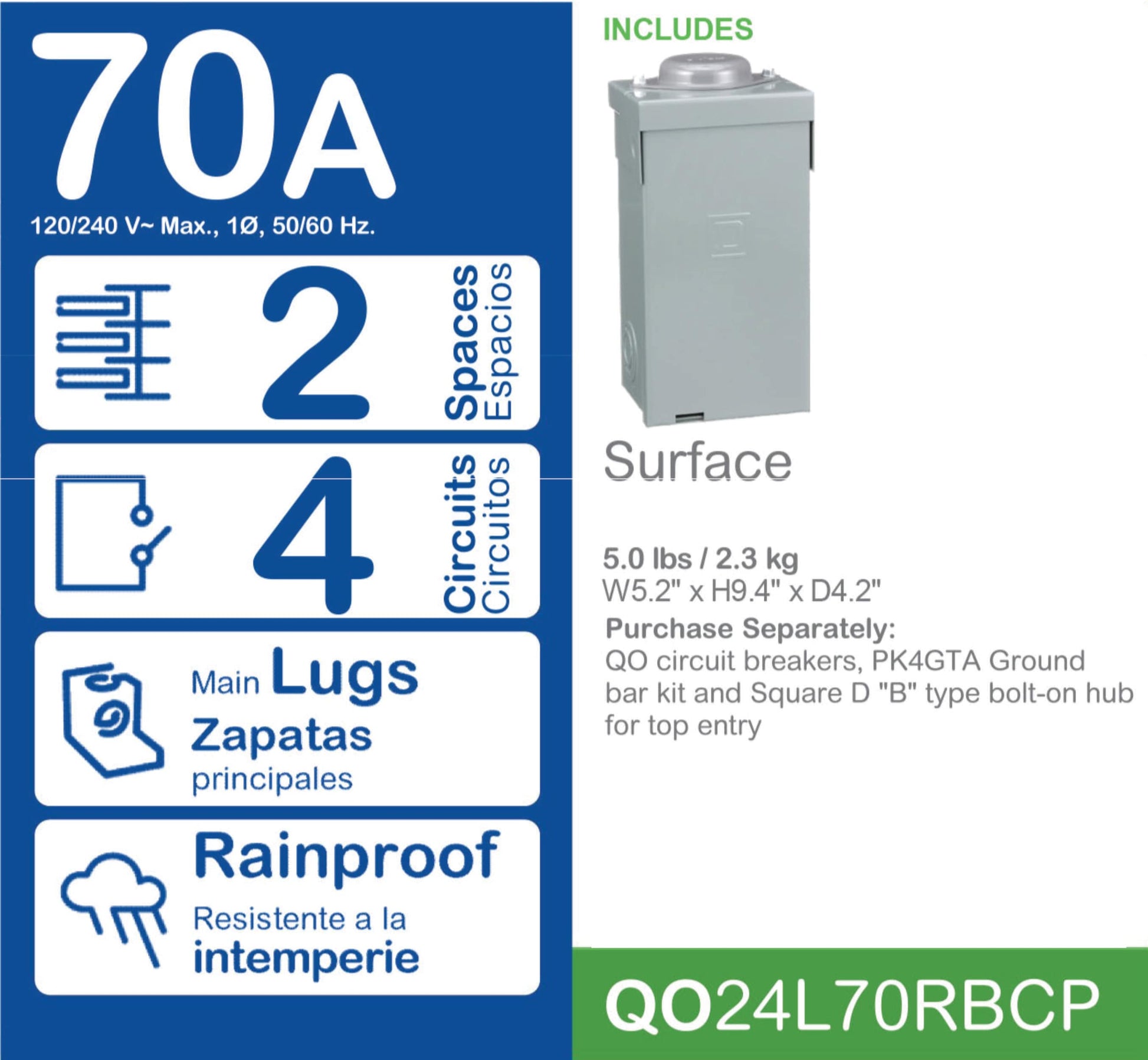 Square D QO 70-Amp 2-space load center - front view