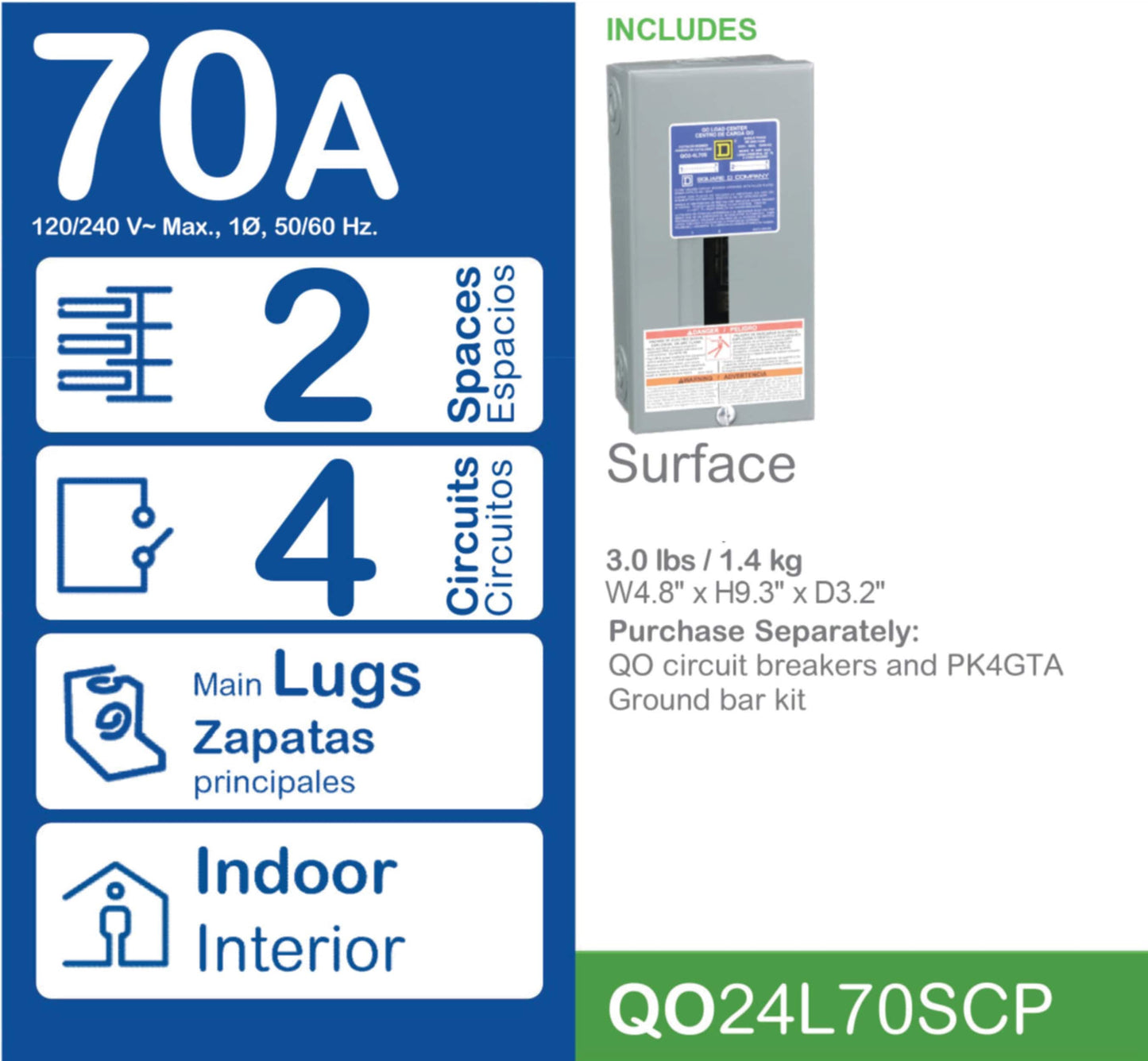 Square D QO 70-Amp 2-space load center - interior view