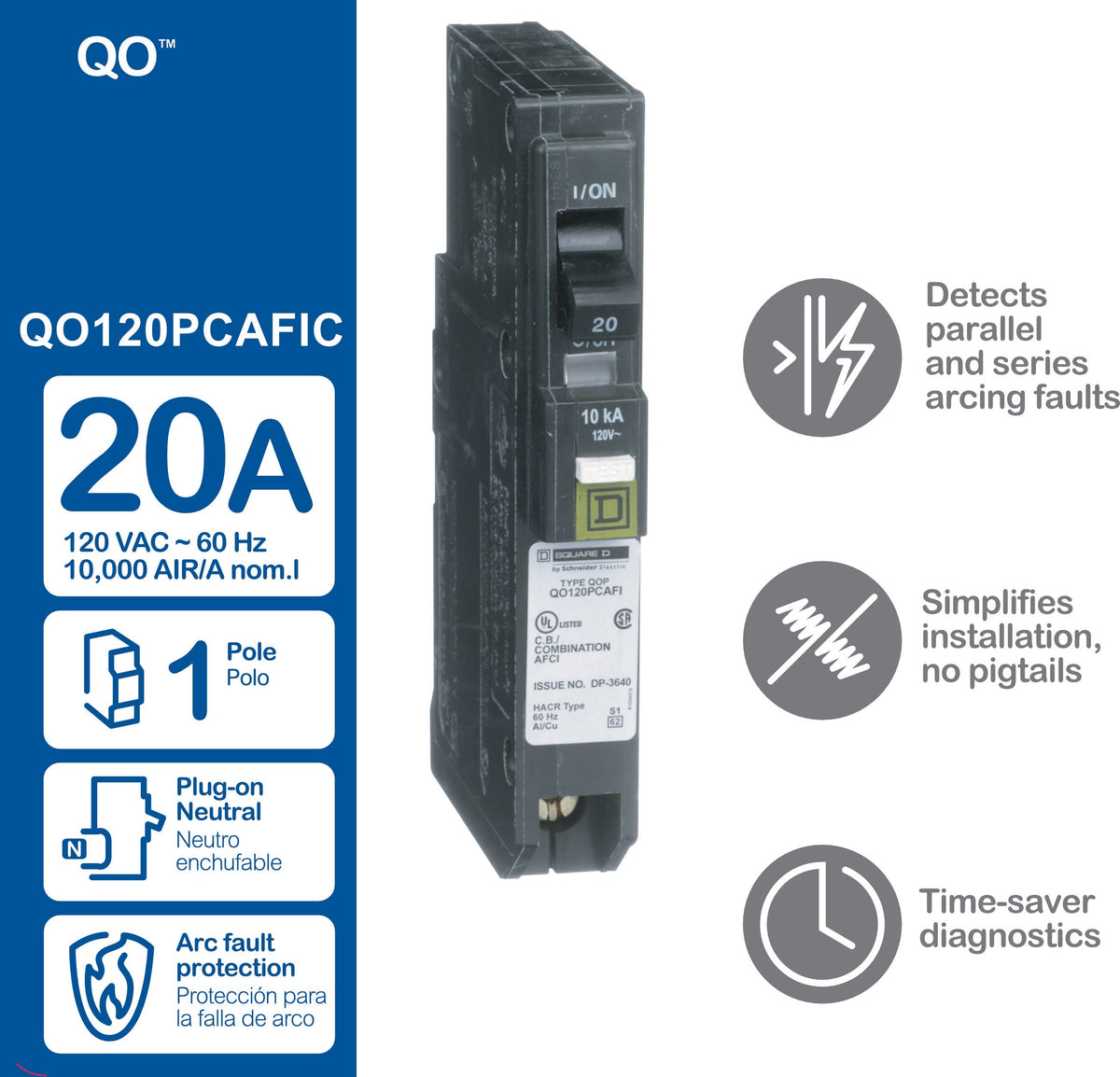 Square D QO 20-Amp 1-Pole Plug-On Neutral Combination Arc Fault Circuit Breaker (QO120PCAFIC)
