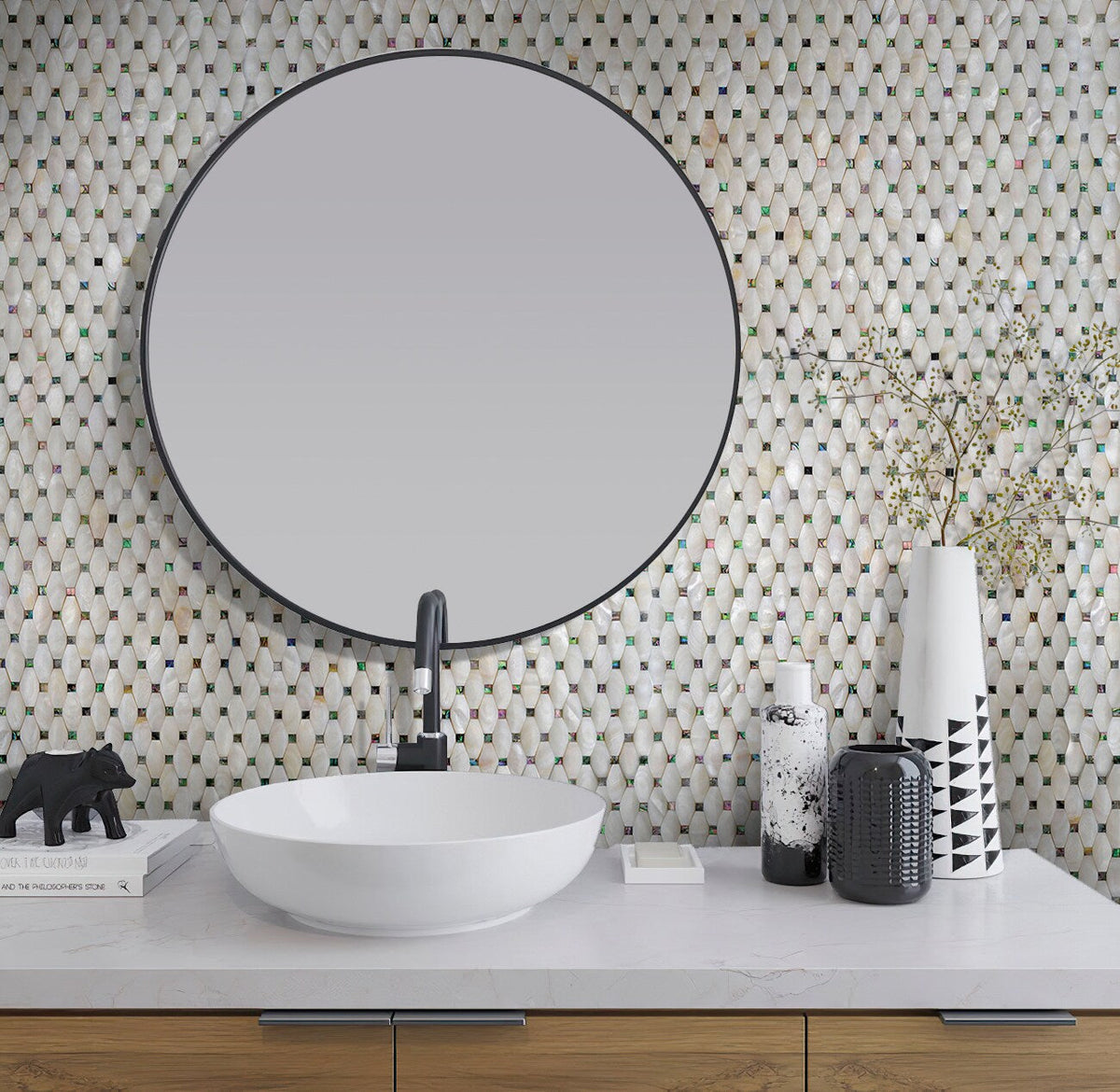 Apollo Tile Sea Kiss Elongated White Daimond 12-in x 12-in Polished Natural Shell Octagon Dot Wall Tile (18.68-sq. ft/ Carton)