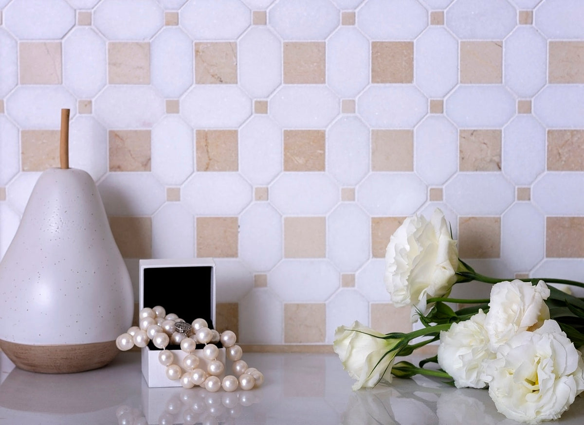 Apollo Tile Beige 12-in x 12-in Polished Natural Stone Marble Octagon Dot Patterned Floor and Wall Tile (5.16-sq. ft/ Carton)