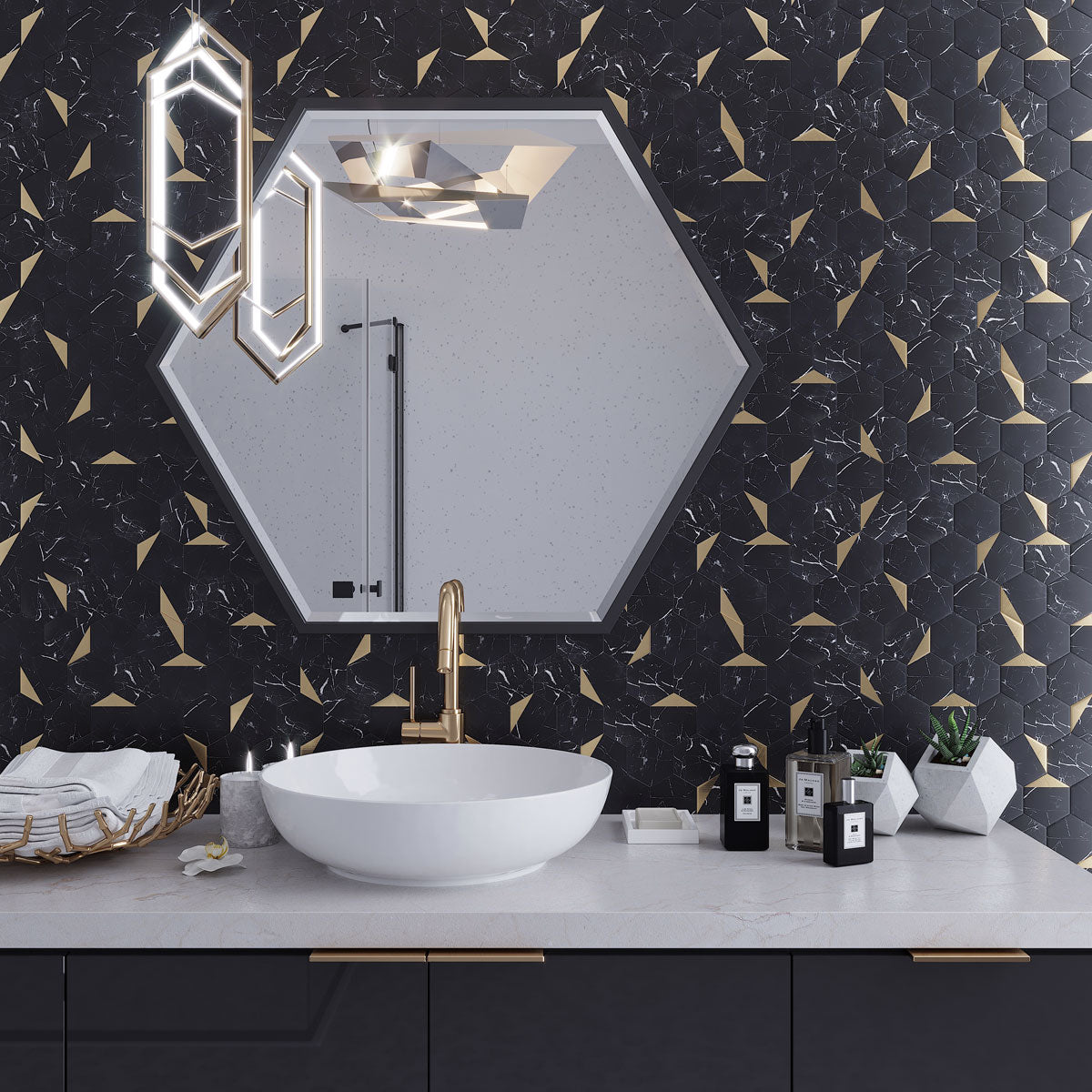 Apollo Tile Brisk Black and Gold 12-in x 12-in Honed PVC Patterned Peel and Stick Wall Tile (8.3-sq. ft/ Carton)