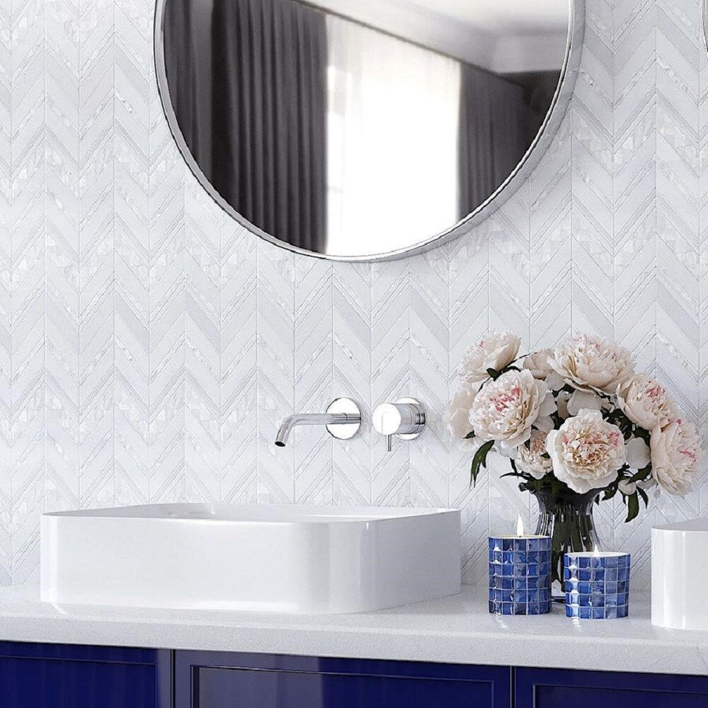 Apollo Tile Winterland Pearl White 12-in x 12-in Polished Composite Herringbone Patterned Floor and Wall Tile (5.08-sq. ft/ Carton)