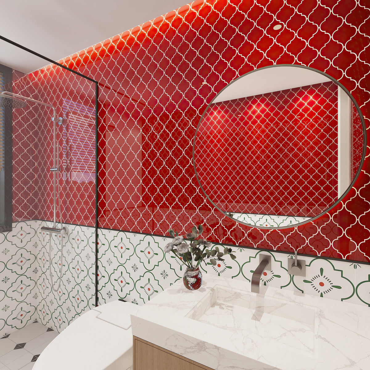 Giorbello (Sample) Glass Arabesque Tiles Ruby Red 4-in x 6-in Glossy Glass Lantern Subway Wall Tile