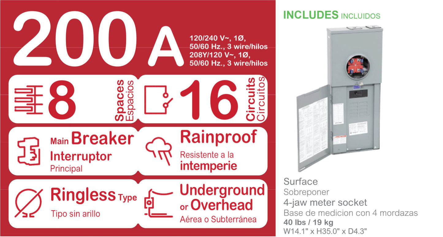 Square D Homeline Ringless Overhead/Underground 200-Amp 8-space load center - detail view