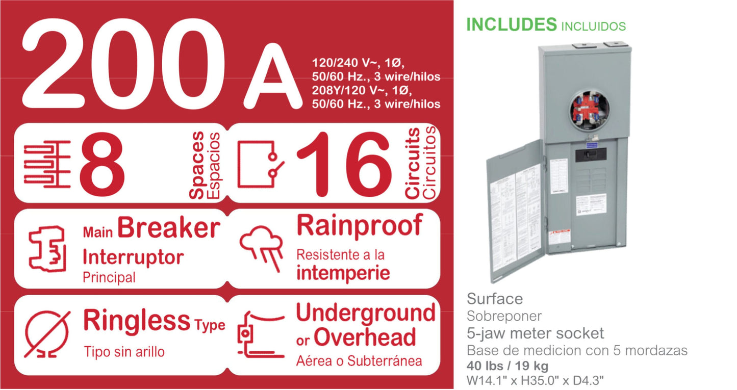 Square D Homeline Ringless Overhead/Underground 200-Amp 8-space load center - front view