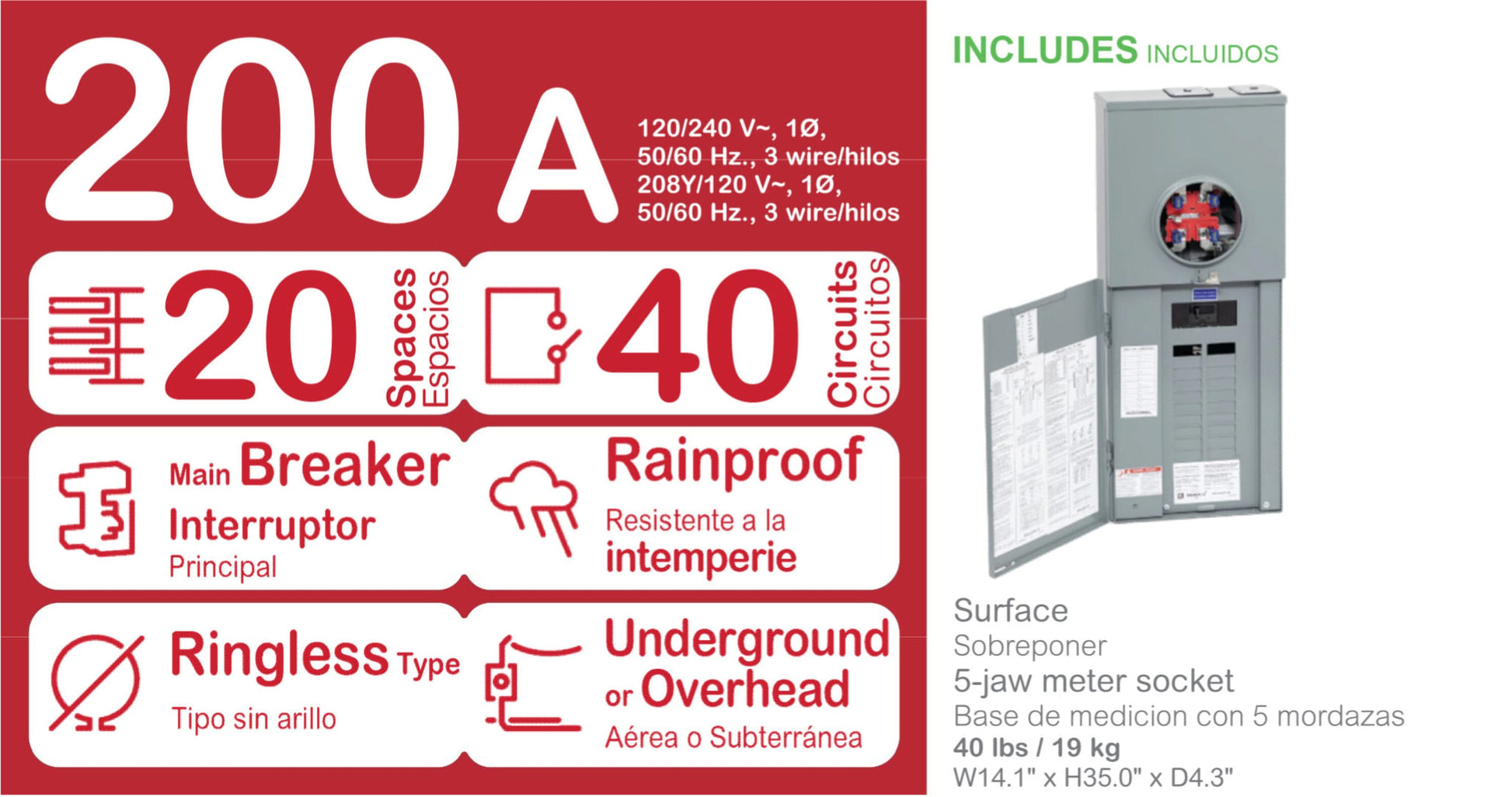 Square D Homeline Ringless Overhead/Underground 200-Amp 20-space load center - front view