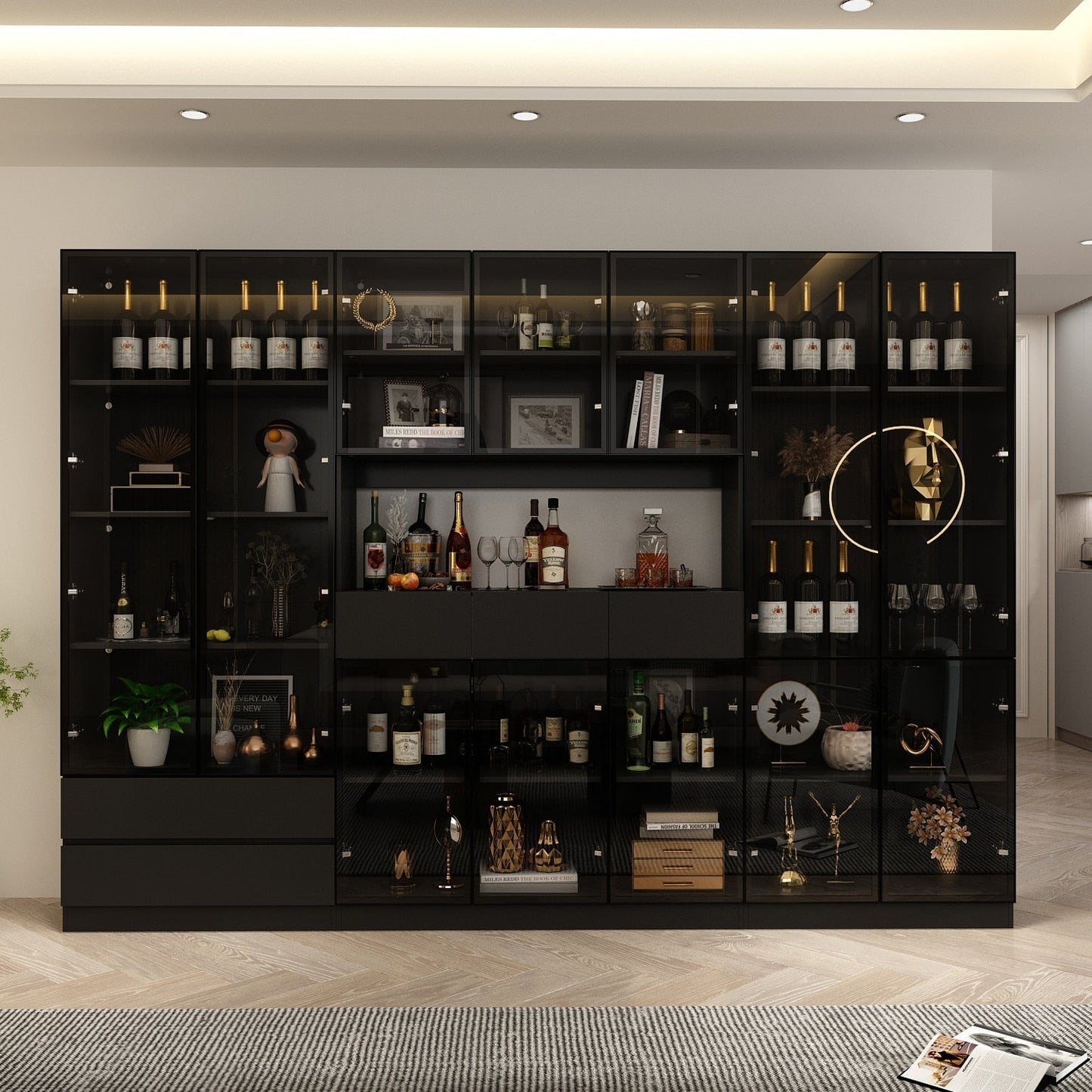 FUFU&GAGA Black Contemporary/Modern Glass Wine Cabinet with Shelves (110.2 in. W x 78.7 in. H x 14.2 in. D)