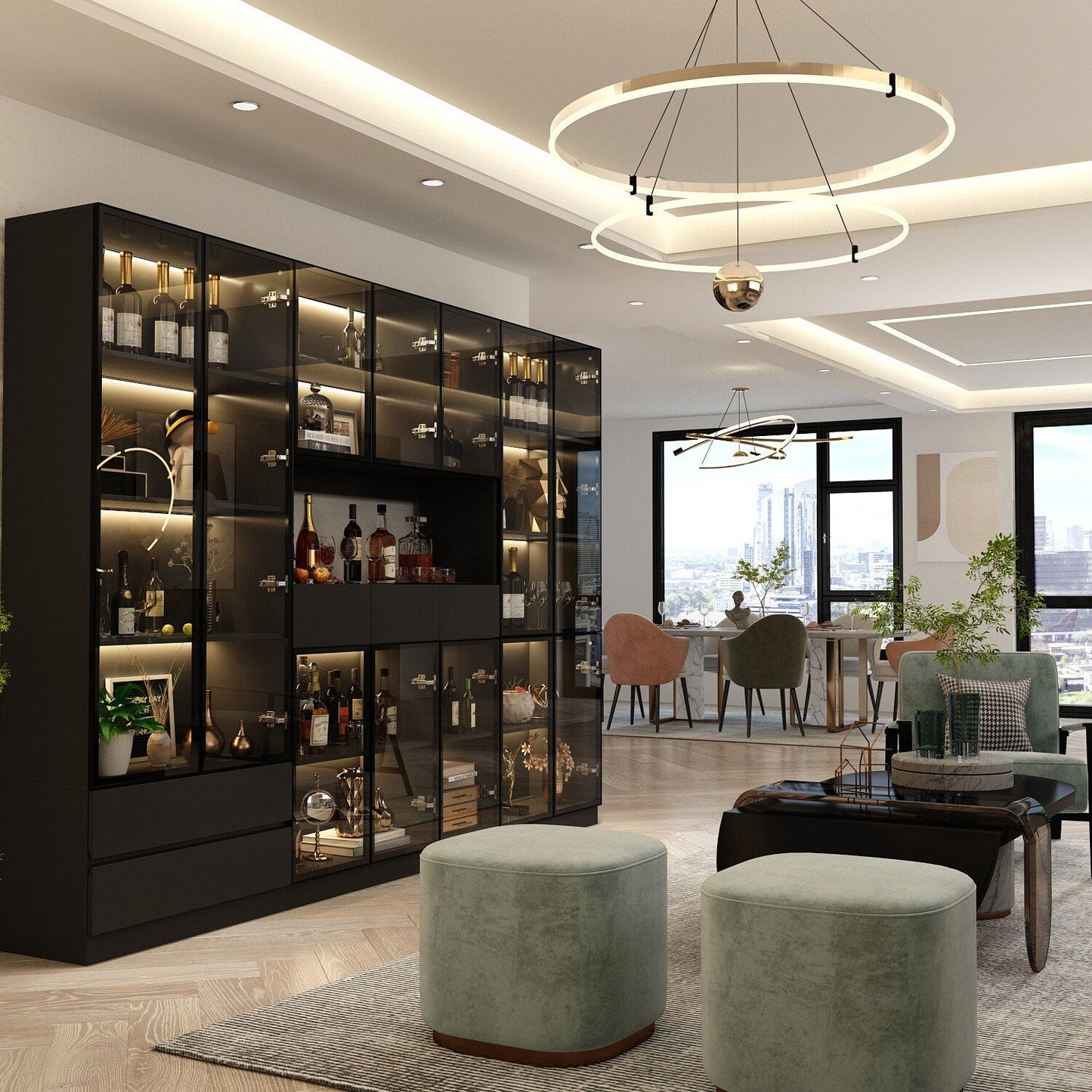 FUFU&GAGA Black Contemporary/Modern Glass Wine Cabinet with Shelves (110.2 in. W x 78.7 in. H x 14.2 in. D)