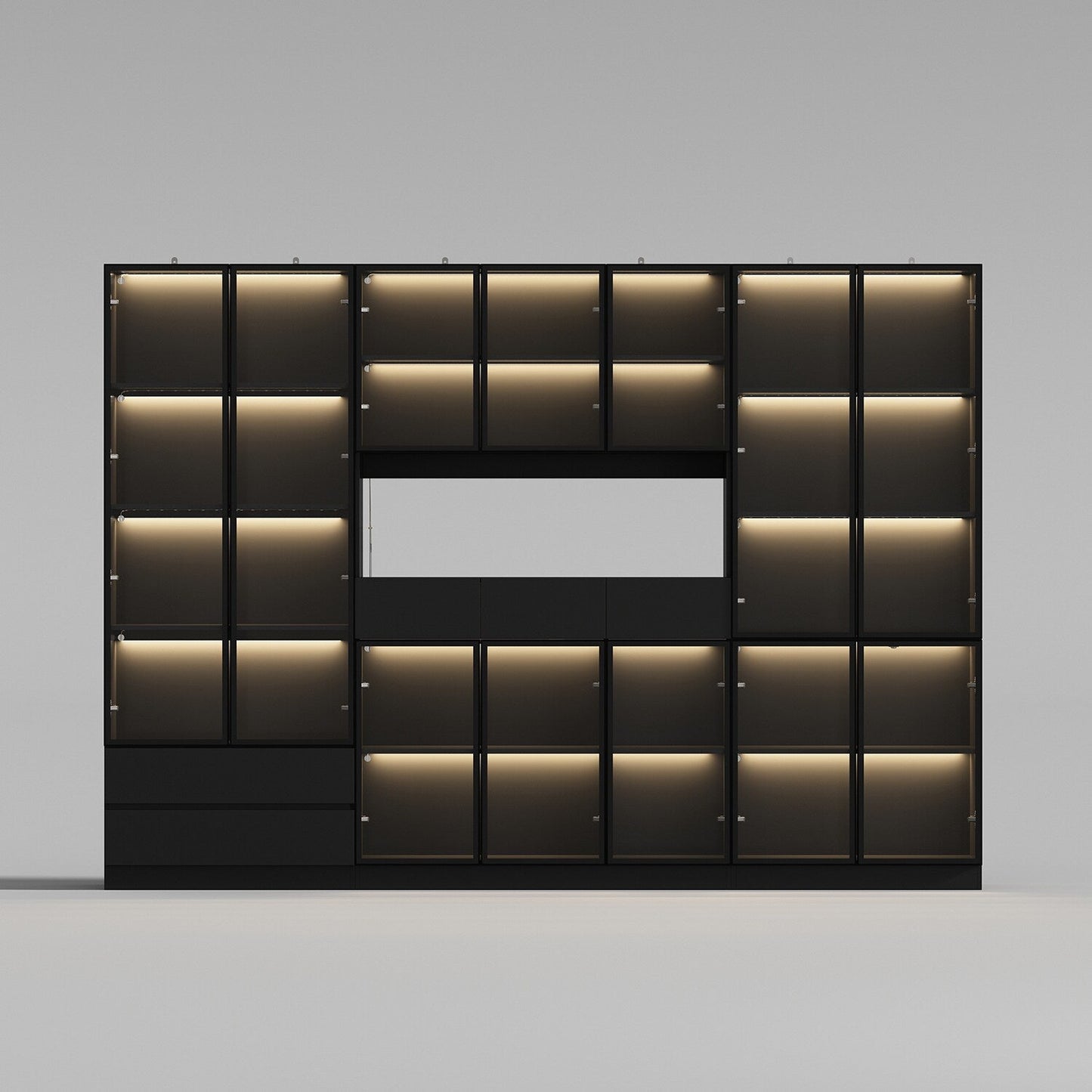 FUFU&GAGA Black Contemporary/Modern Glass Wine Cabinet with Shelves (110.2 in. W x 78.7 in. H x 14.2 in. D)