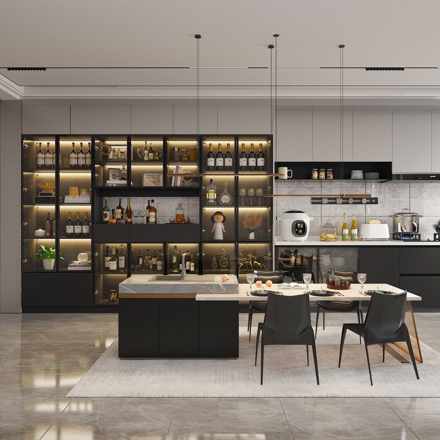 FUFU&GAGA Black Contemporary/Modern Glass Wine Cabinet with Shelves (110.2 in. W x 78.7 in. H x 14.2 in. D)