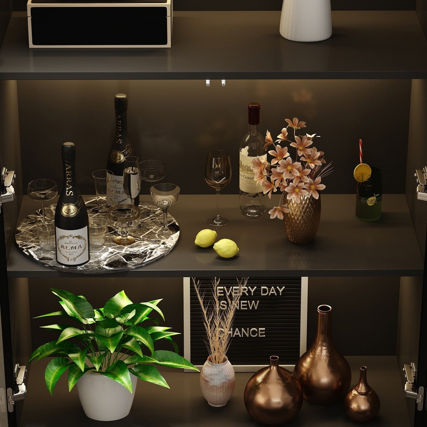 FUFU&GAGA Black Contemporary/Modern Glass Wine Cabinet with Shelves (110.2 in. W x 78.7 in. H x 14.2 in. D)