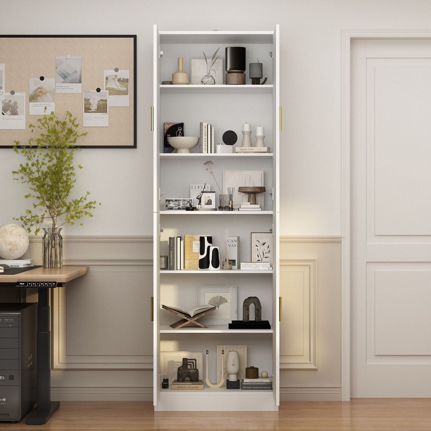 FUFU&GAGA Contemporary White Office Cabinet- 4 Doors, 6 Shelves, Adjustable- Composite Wood- 23.2-in x 11.8-in x 70.9-in- Metal Drawer Glides- Assembly Required