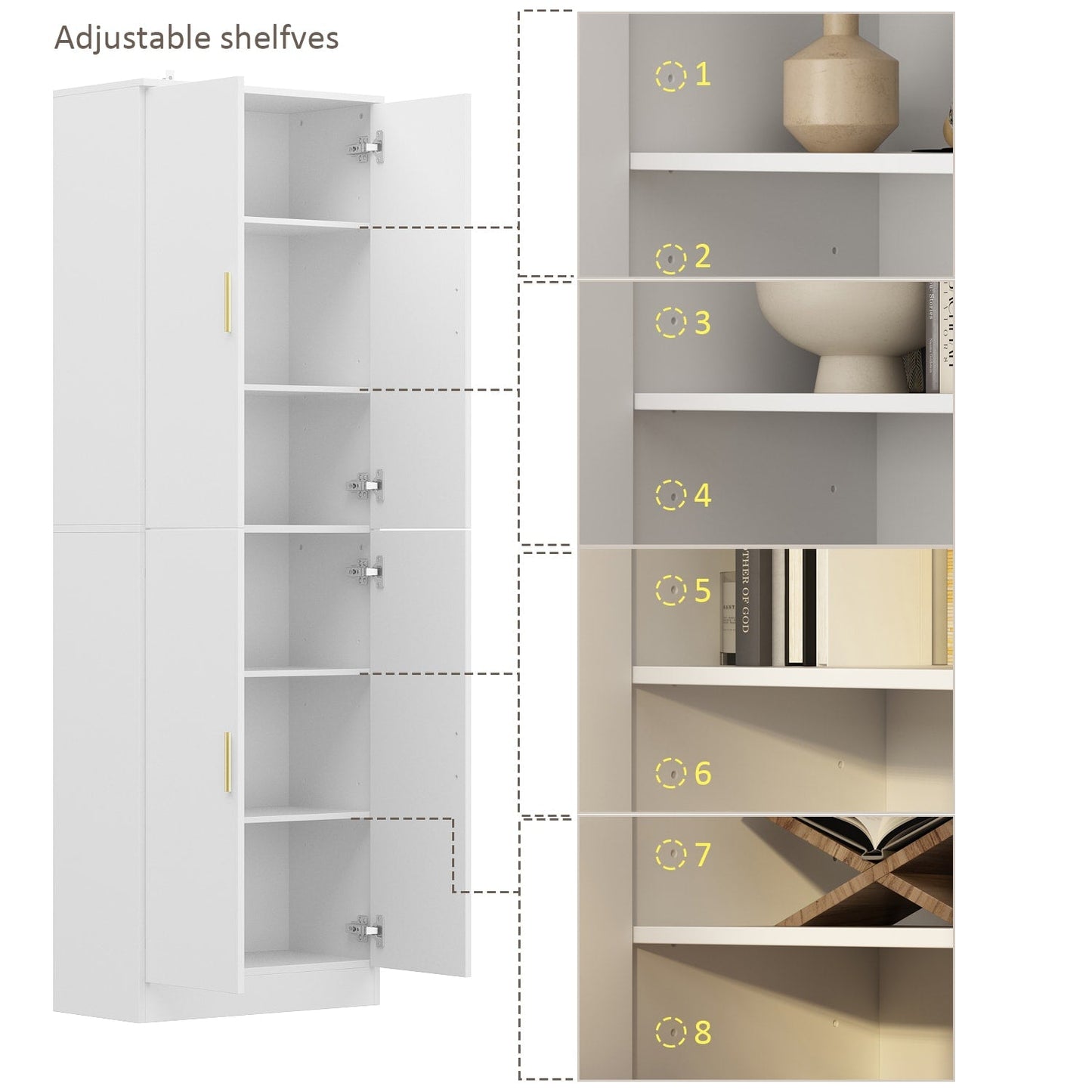 FUFU&GAGA Contemporary White Office Cabinet- 4 Doors, 6 Shelves, Adjustable- Composite Wood- 23.2-in x 11.8-in x 70.9-in- Metal Drawer Glides- Assembly Required