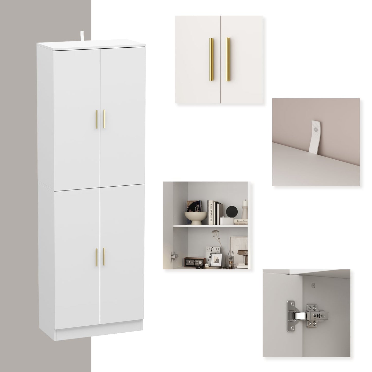 FUFU&GAGA Contemporary White Office Cabinet- 4 Doors, 6 Shelves, Adjustable- Composite Wood- 23.2-in x 11.8-in x 70.9-in- Metal Drawer Glides- Assembly Required