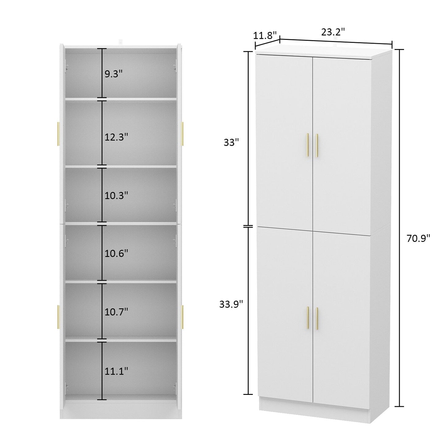FUFU&GAGA Contemporary White Office Cabinet- 4 Doors, 6 Shelves, Adjustable- Composite Wood- 23.2-in x 11.8-in x 70.9-in- Metal Drawer Glides- Assembly Required
