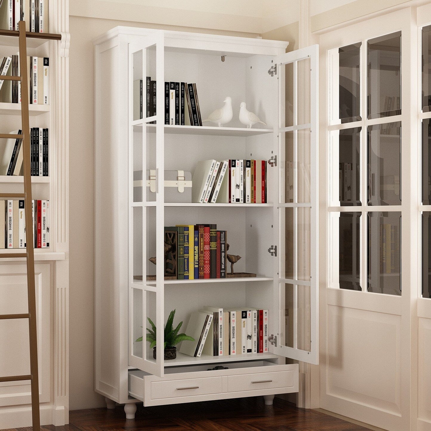 FUFU&GAGA Contemporary White Bookcase Cabinet- 36.2-in x 70.9-in x 14.6-in- 2 Doors, 4 Shelves- Multipurpose Storage- MDF- Easy Assembly