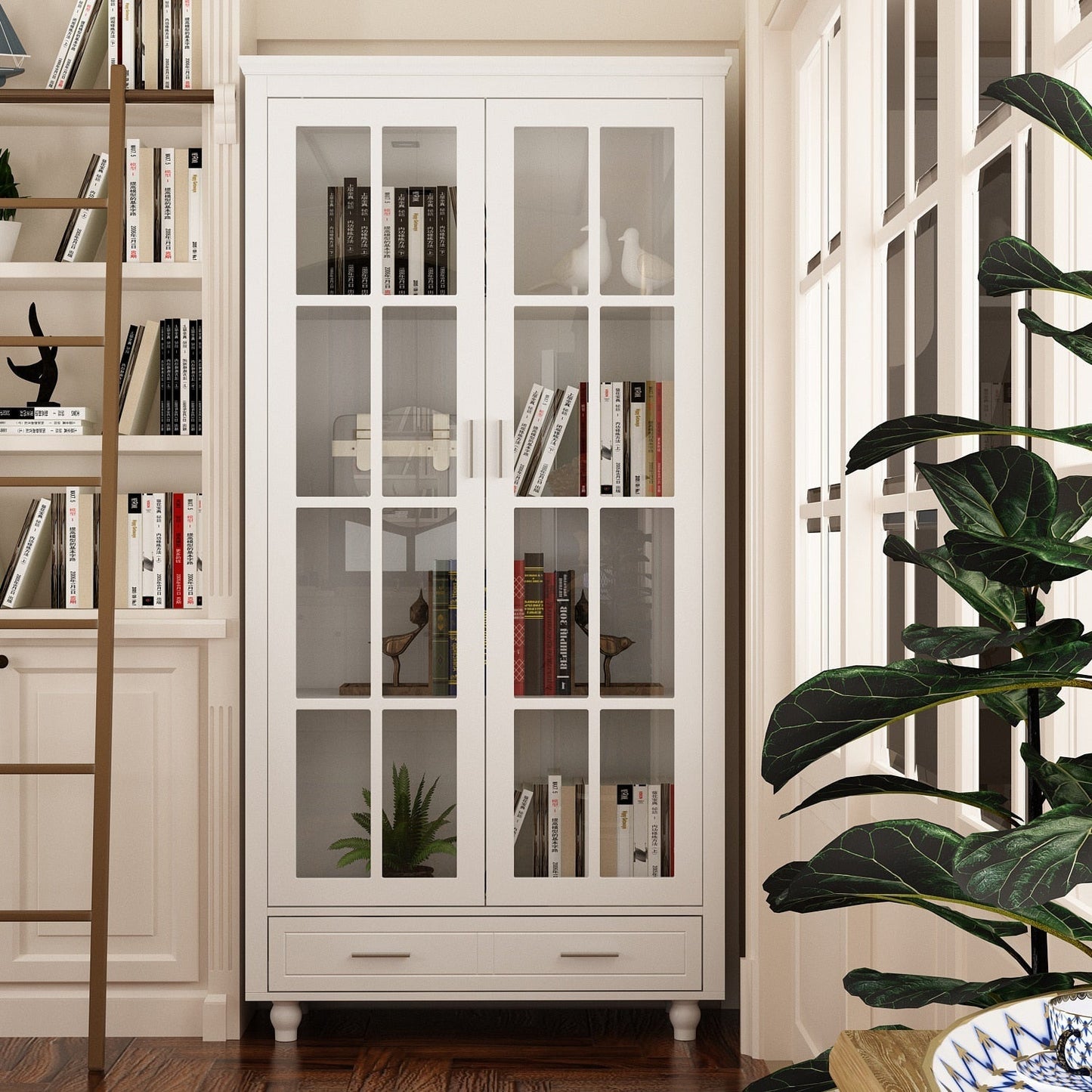 FUFU&GAGA Contemporary White Bookcase Cabinet- 36.2-in x 70.9-in x 14.6-in- 2 Doors, 4 Shelves- Multipurpose Storage- MDF- Easy Assembly