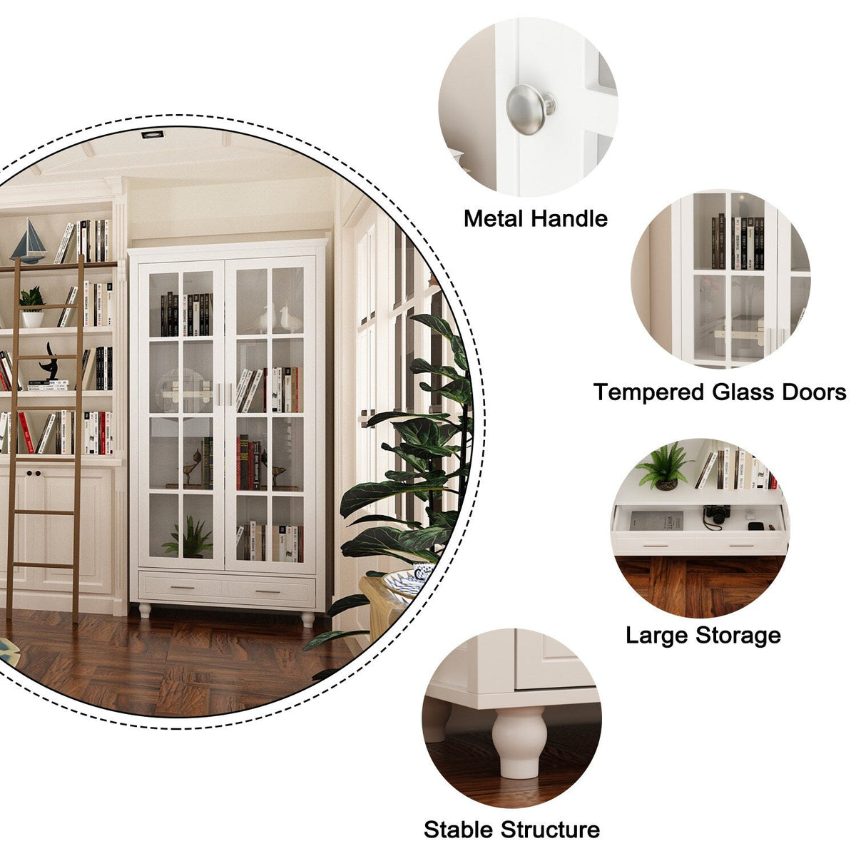 FUFU&GAGA Contemporary White Bookcase Cabinet- 36.2-in x 70.9-in x 14.6-in- 2 Doors, 4 Shelves- Multipurpose Storage- MDF- Easy Assembly