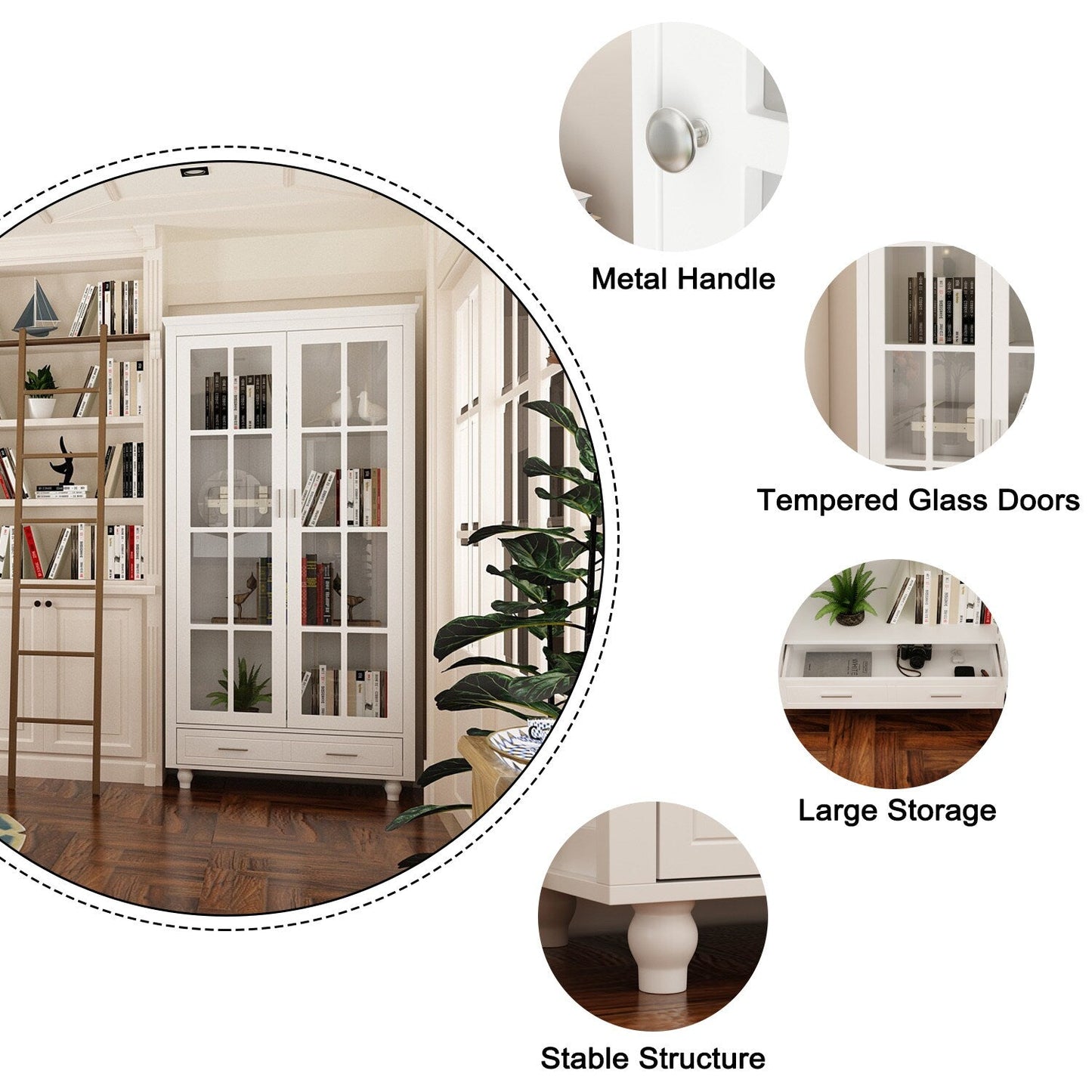 FUFU&GAGA Contemporary White Bookcase Cabinet- 36.2-in x 70.9-in x 14.6-in- 2 Doors, 4 Shelves- Multipurpose Storage- MDF- Easy Assembly