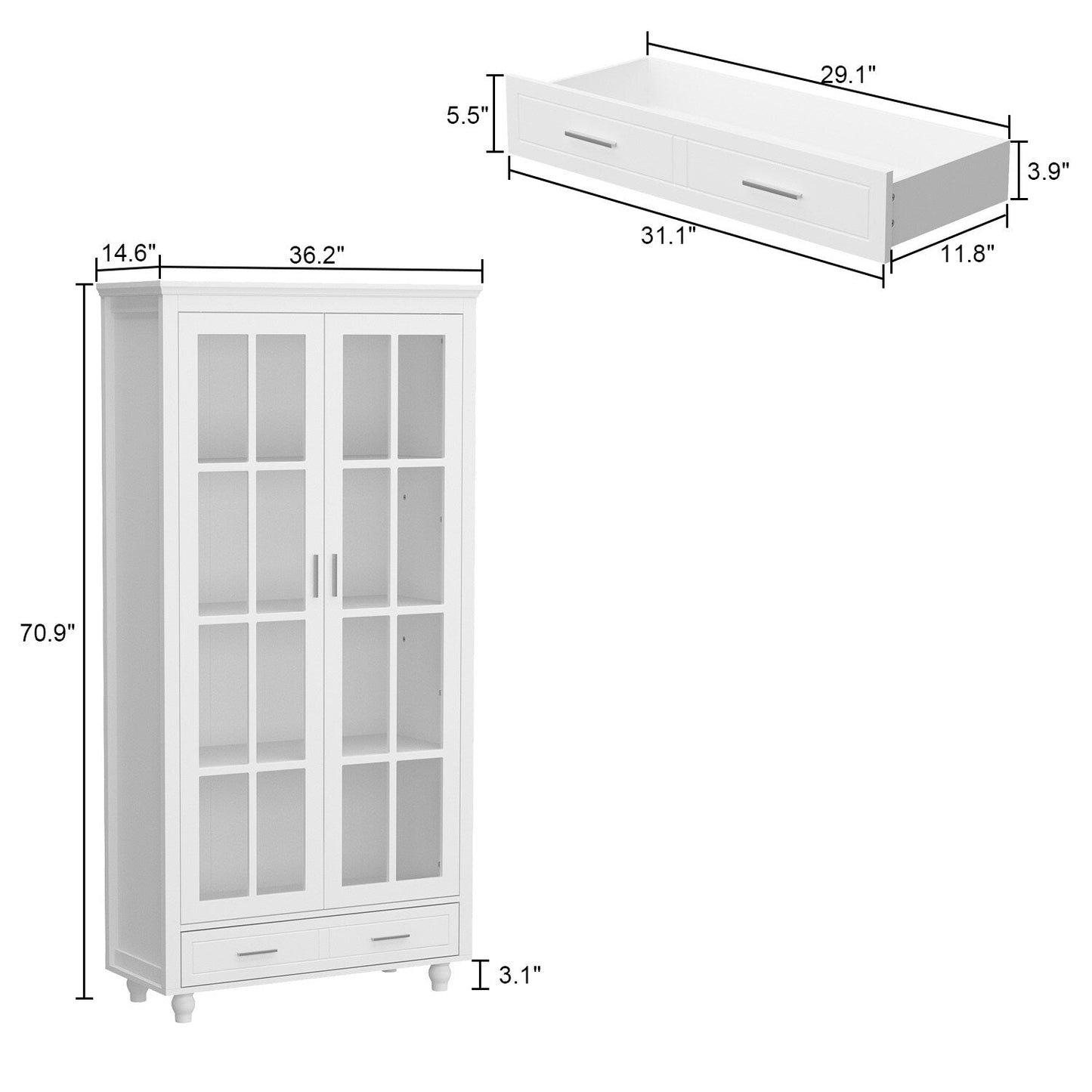 FUFU&GAGA Contemporary White Bookcase Cabinet- 36.2-in x 70.9-in x 14.6-in- 2 Doors, 4 Shelves- Multipurpose Storage- MDF- Easy Assembly