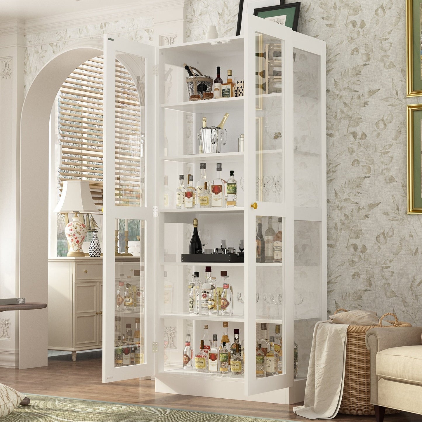 FUFU&GAGA Contemporary/Modern White Curio Cabinet with Wine Storage