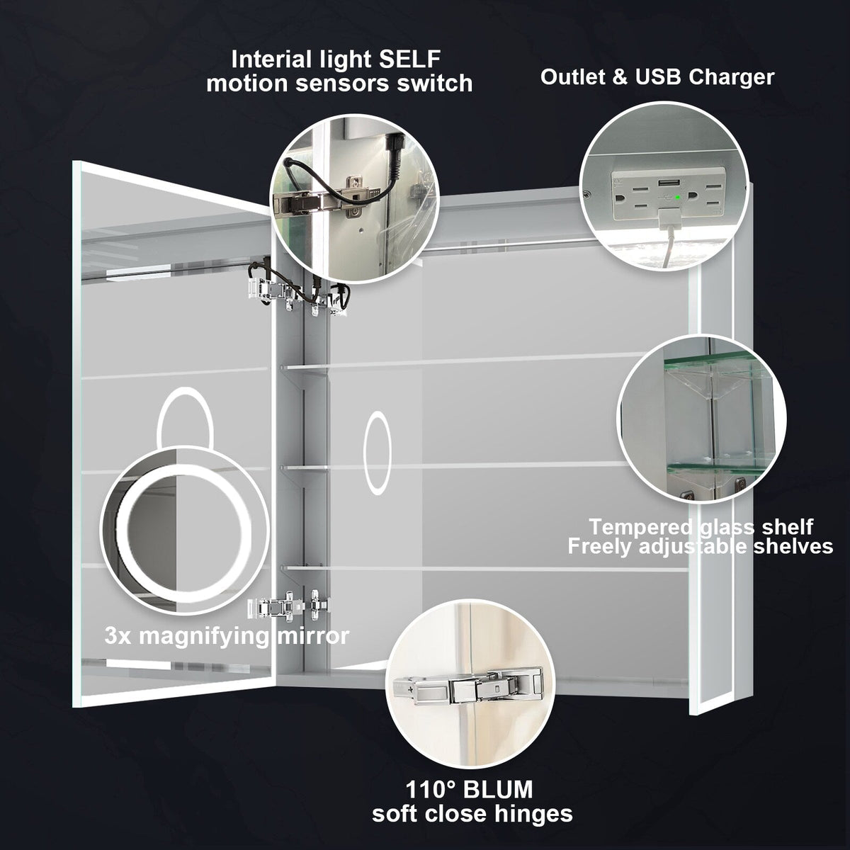 WELLFOR ELIN 30-in x 30-in Lighted LED Fog Free Surface/Recessed Mount Silver Mirrored Soft Close Medicine Cabinet with Outlet