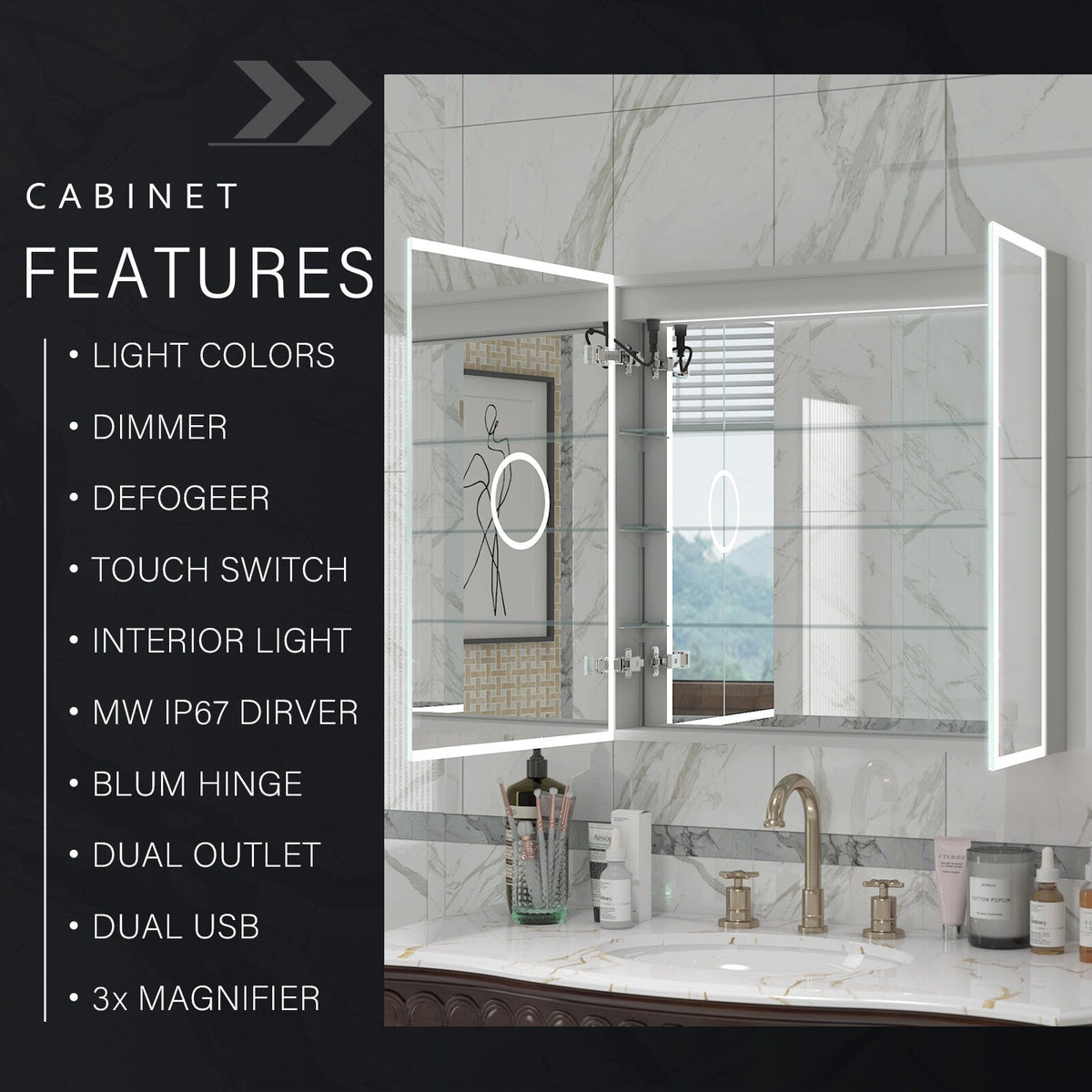 WELLFOR ELIN 36-in x 30-in Lighted LED Fog Free Surface/Recessed Mount Silver Mirrored Soft Close Medicine Cabinet with Outlet