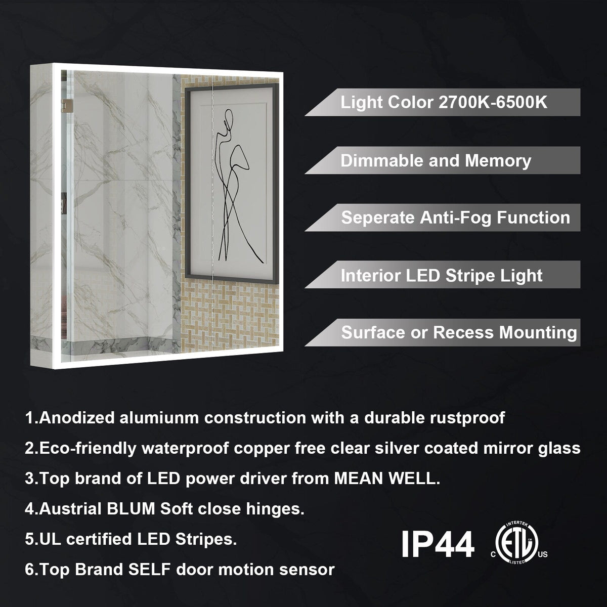 WELLFOR ELIN 36-in x 30-in Lighted LED Fog Free Surface/Recessed Mount Silver Mirrored Soft Close Medicine Cabinet with Outlet
